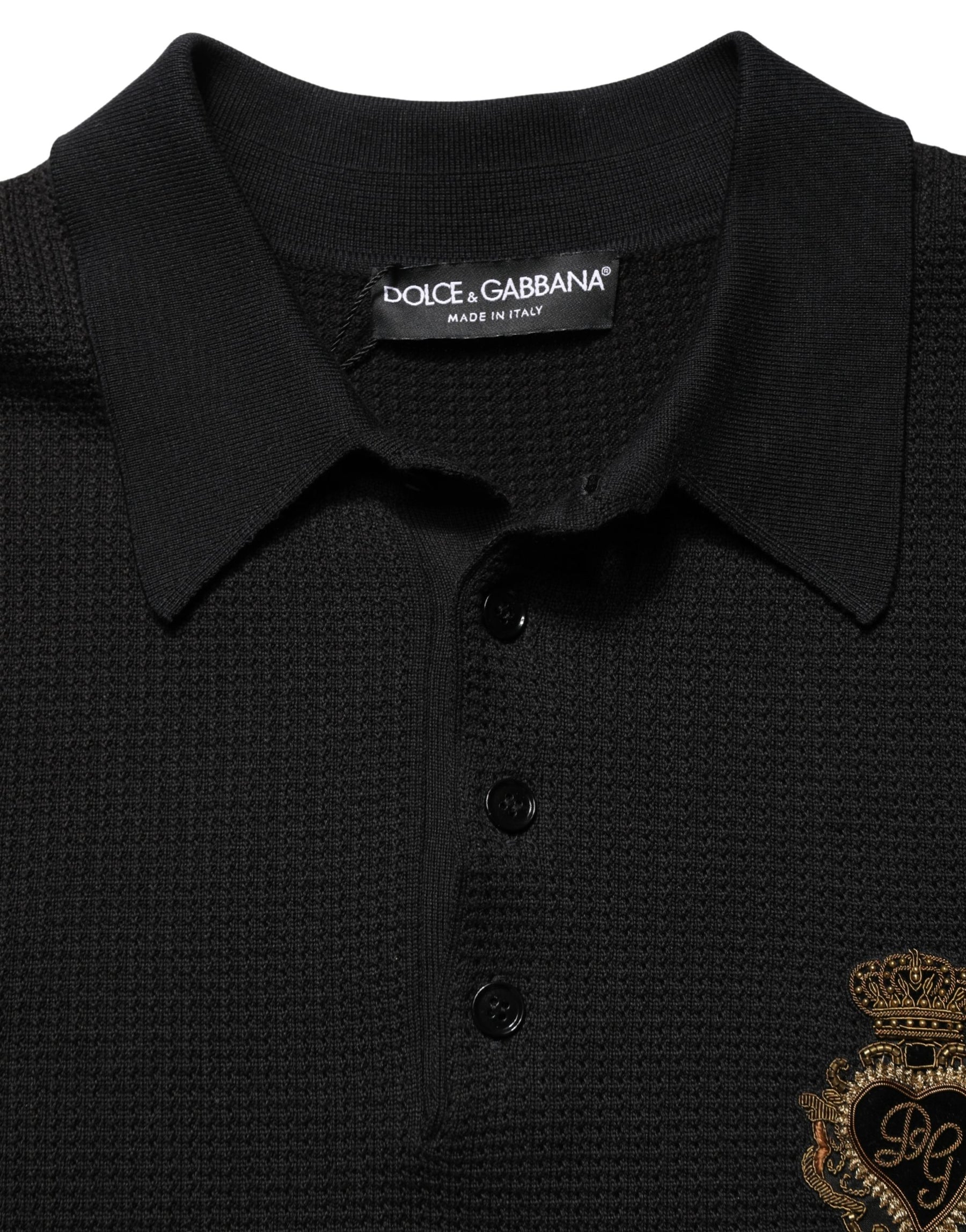 Dolce & Gabbana Black Heraldic Crest Patch Silk Polo T-shirt | Regal Royce