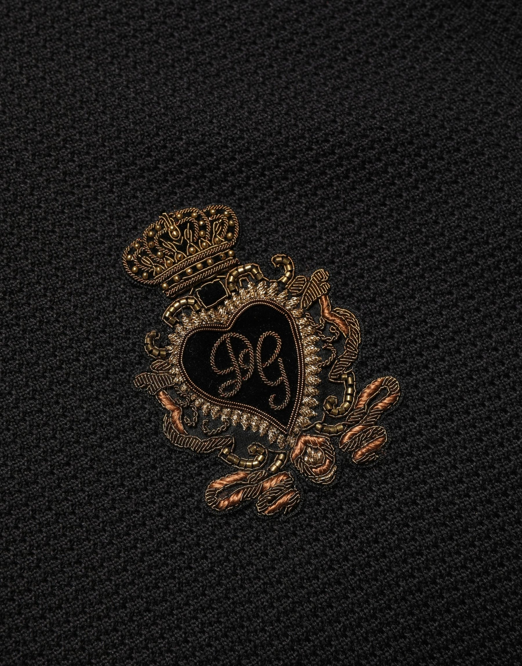 Dolce & Gabbana Black Heraldic Crest Patch Silk Polo T-shirt | Regal Royce