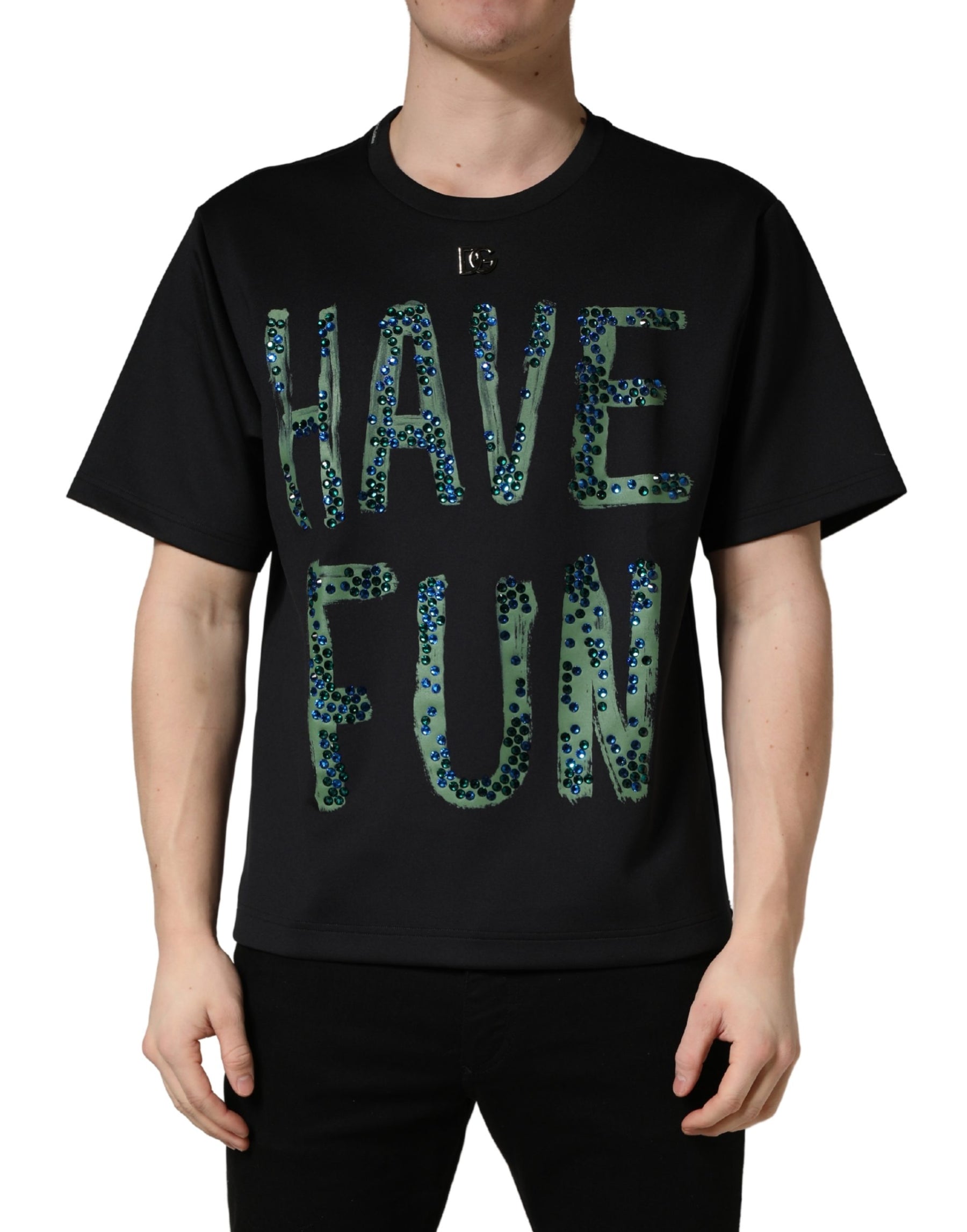 Dolce & Gabbana Black Have Fun Embellished Crew Neck T-shirt | Regal Royce