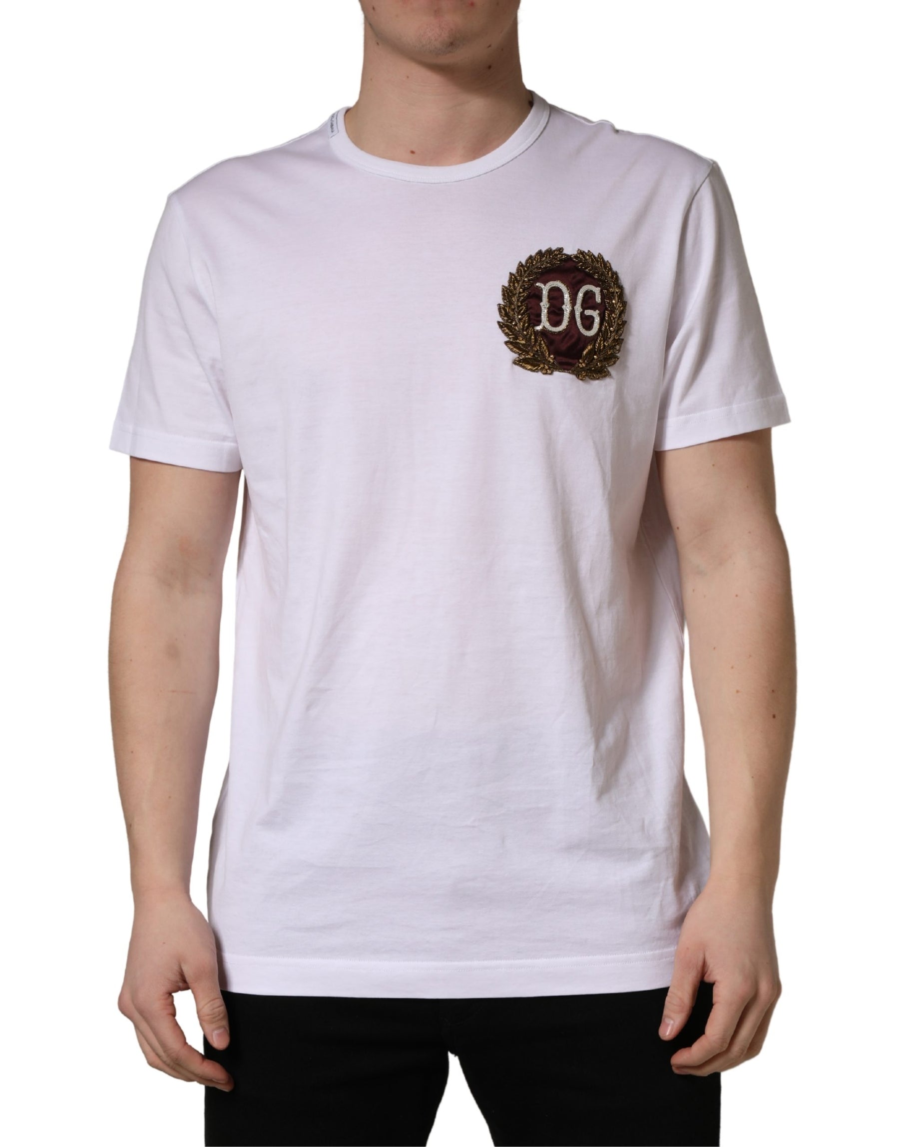 Dolce & Gabbana White DG Leaf Embroidery Crew Neck  T-shirt | Regal Royce