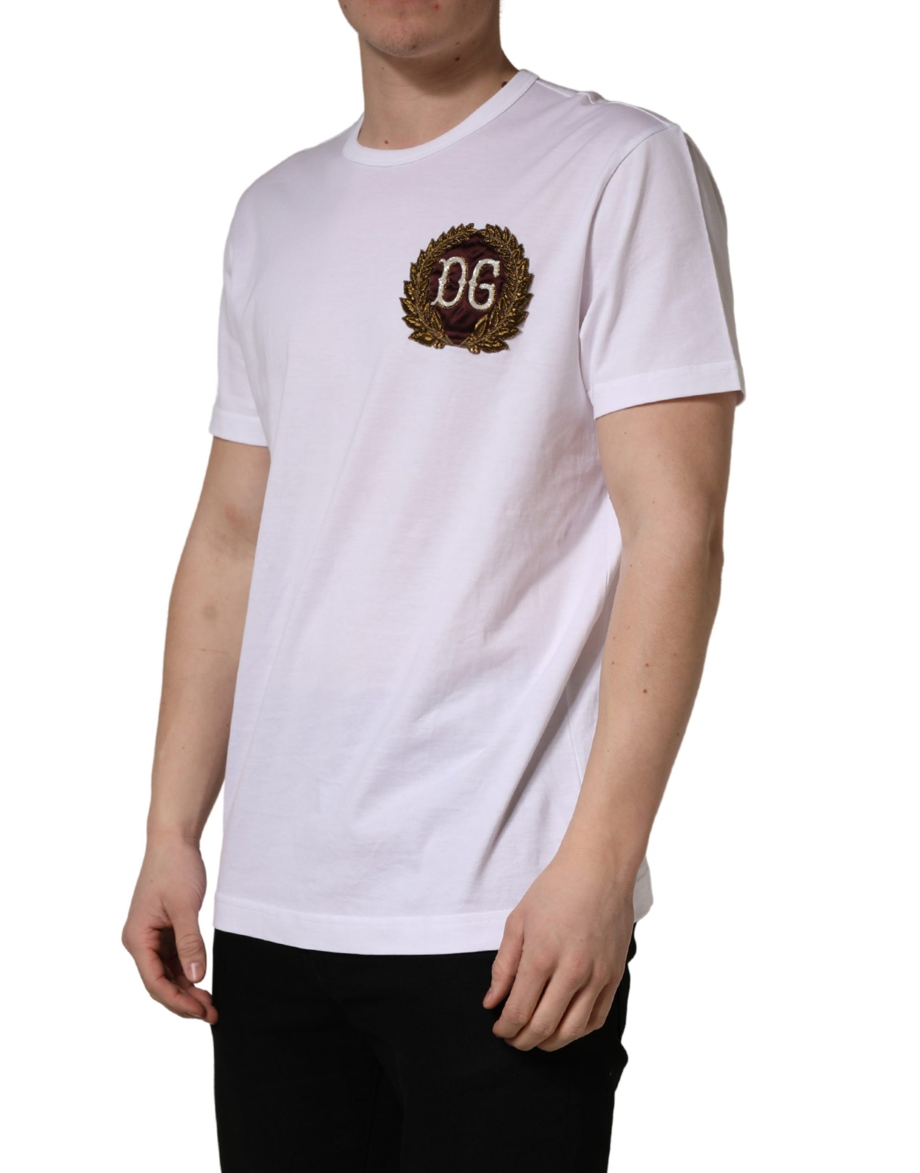 Dolce & Gabbana White DG Leaf Embroidery Crew Neck  T-shirt | Regal Royce