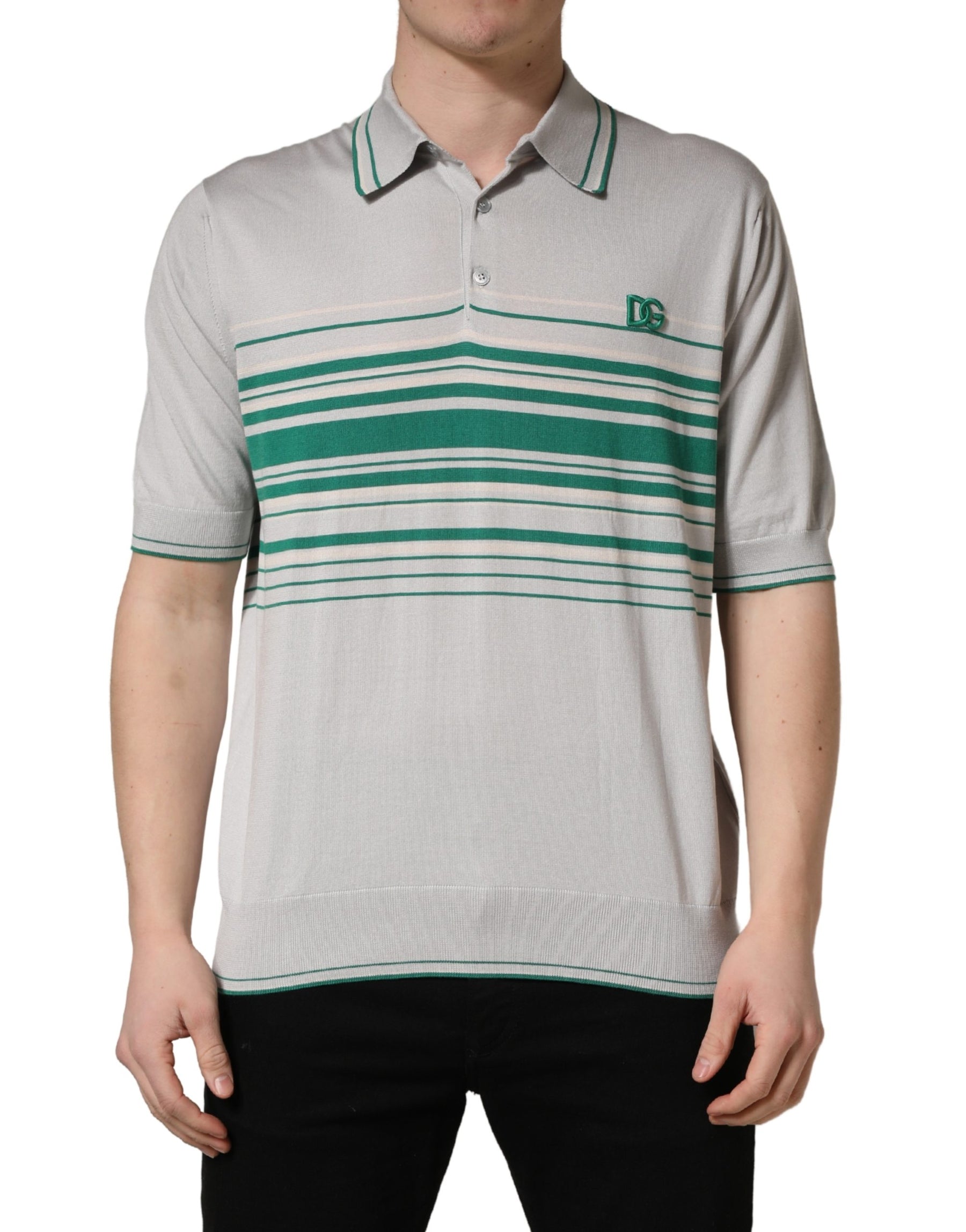 Dolce & Gabbana Gray Green Striped Logo Silk Polo T-shirt | Regal Royce