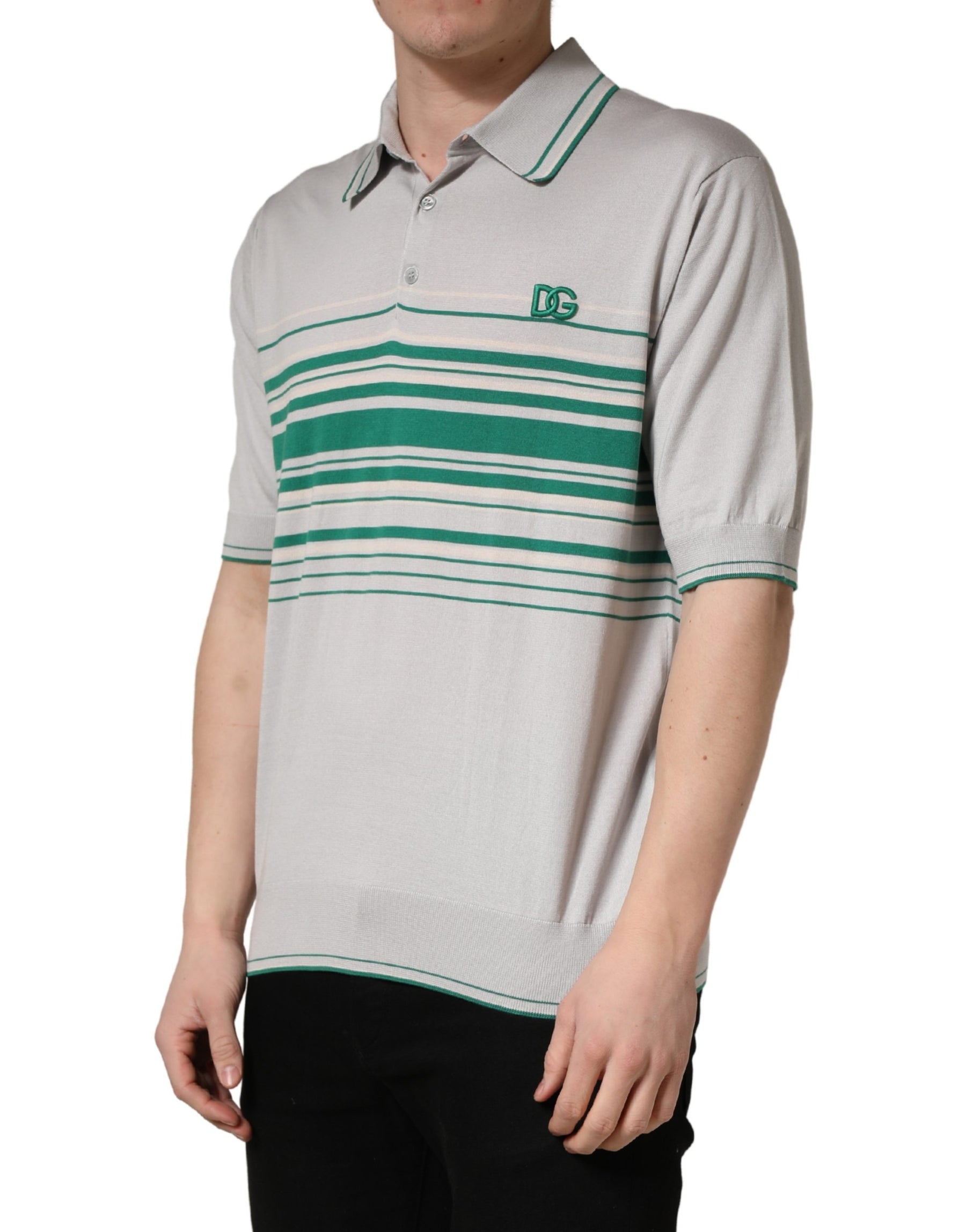 Dolce & Gabbana Gray Green Striped Logo Silk Polo T-shirt | Regal Royce