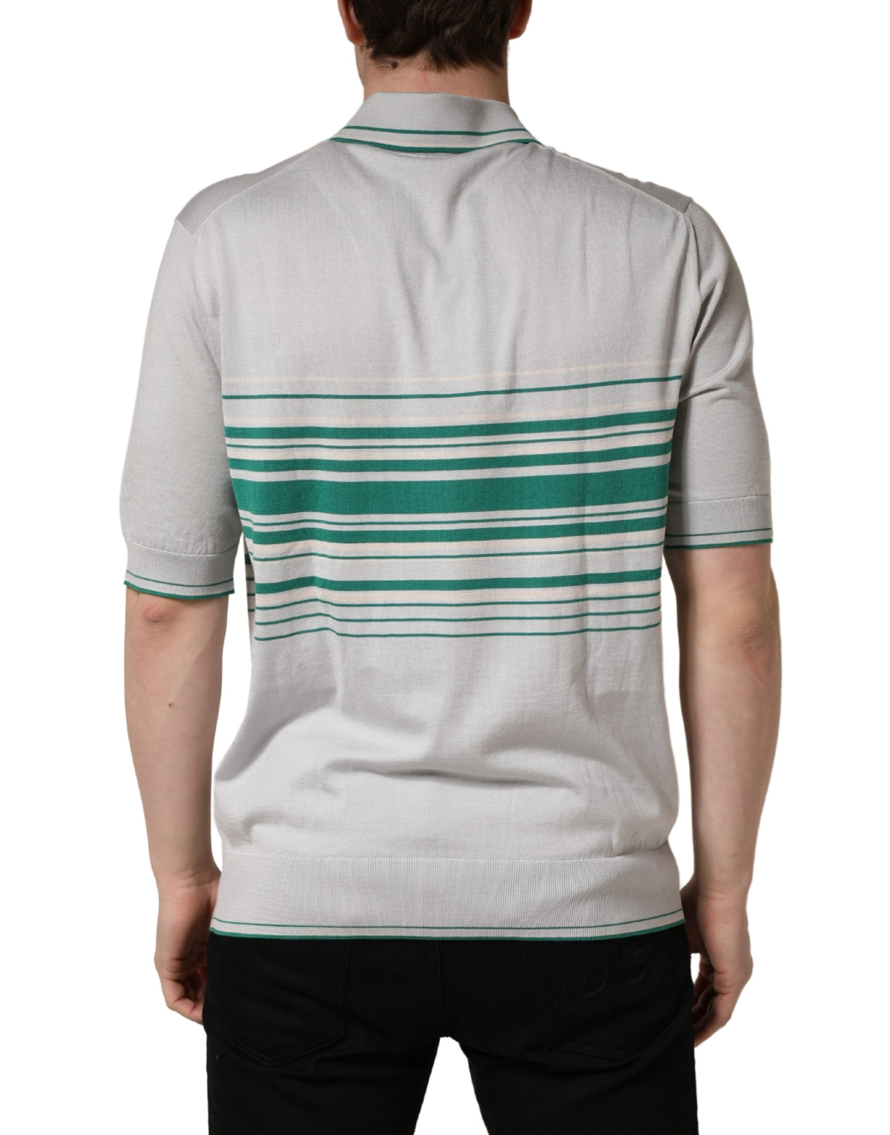 Dolce & Gabbana Gray Green Striped Logo Silk Polo T-shirt | Regal Royce