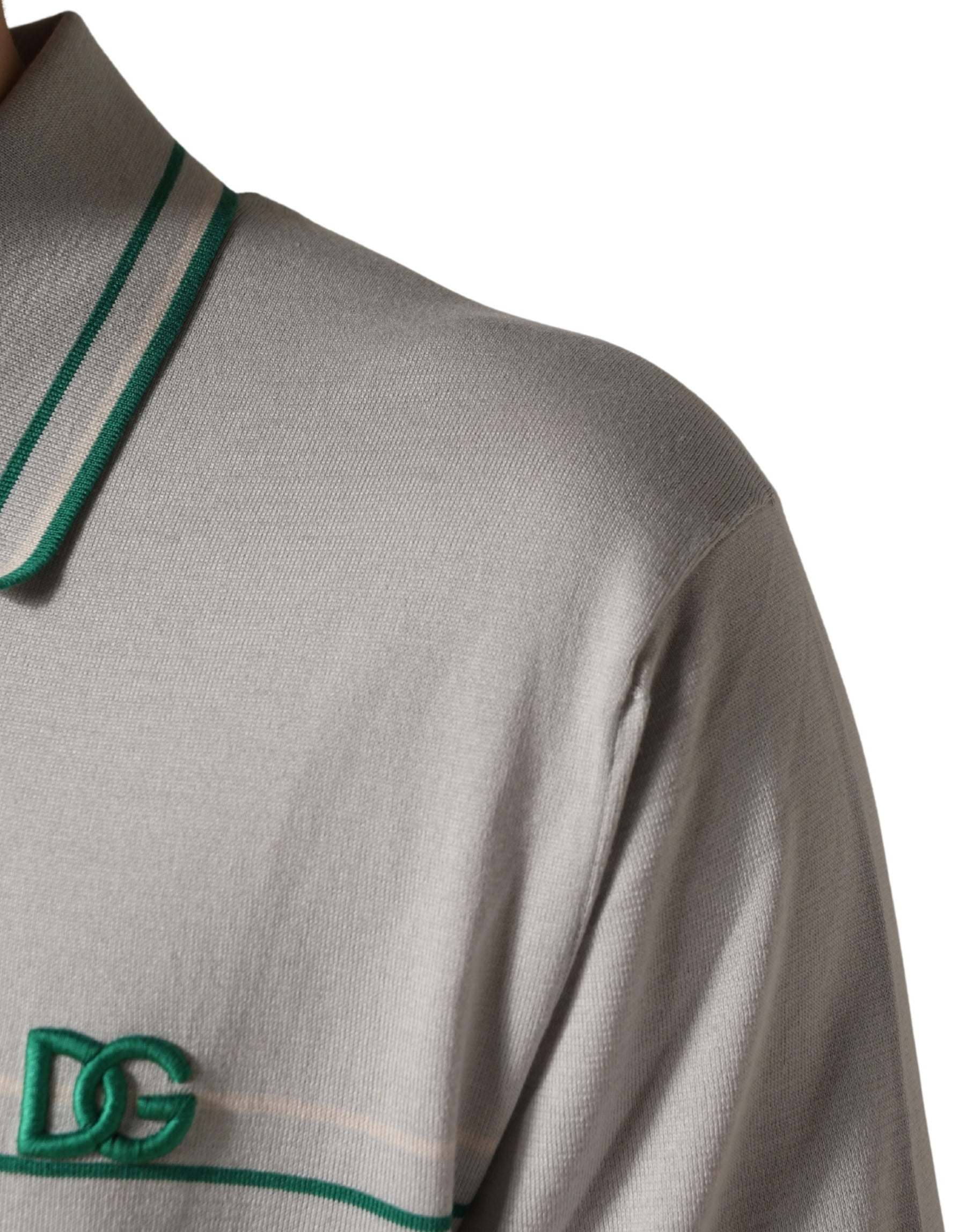 Dolce & Gabbana Gray Green Striped Logo Silk Polo T-shirt | Regal Royce