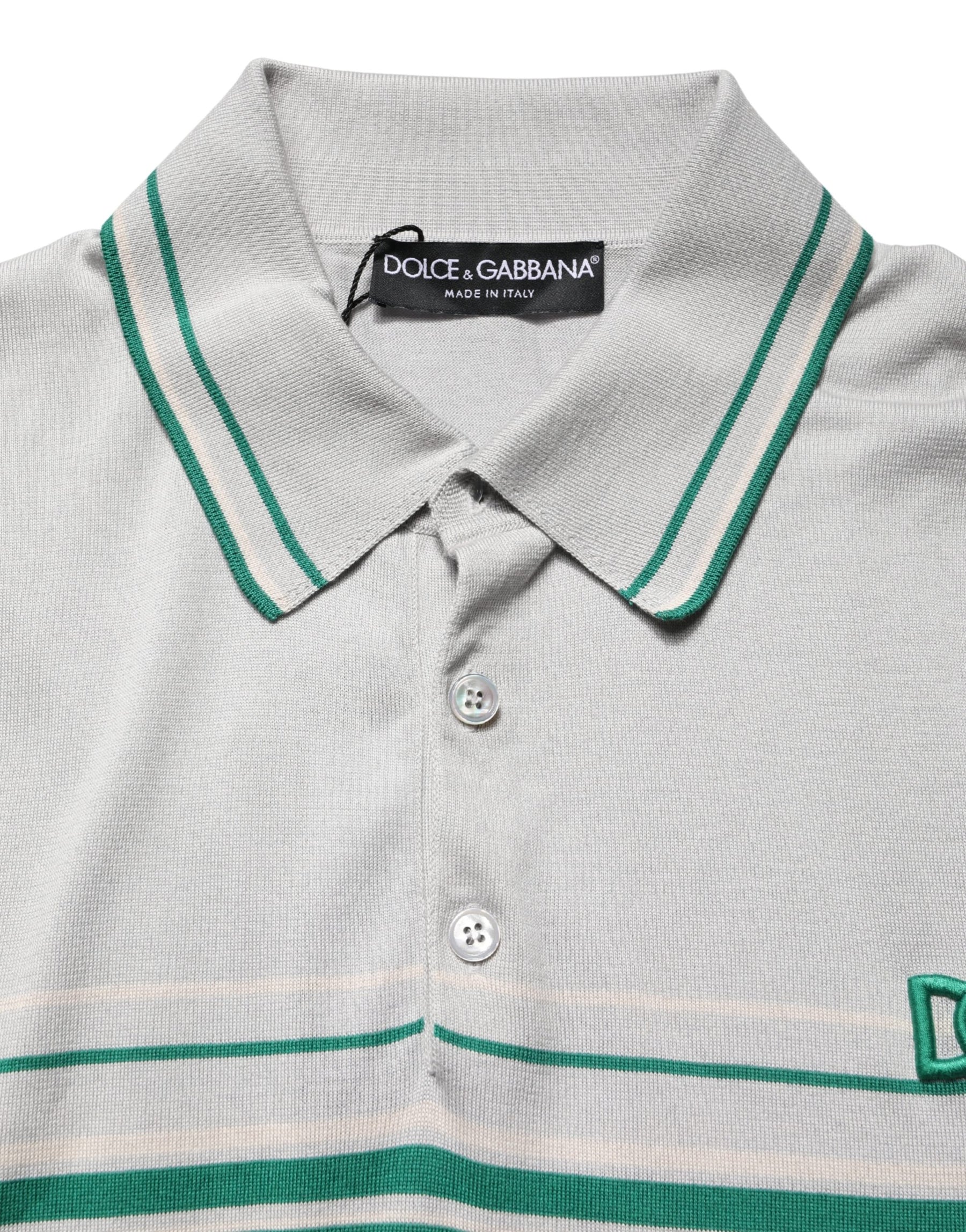 Dolce & Gabbana Gray Green Striped Logo Silk Polo T-shirt | Regal Royce