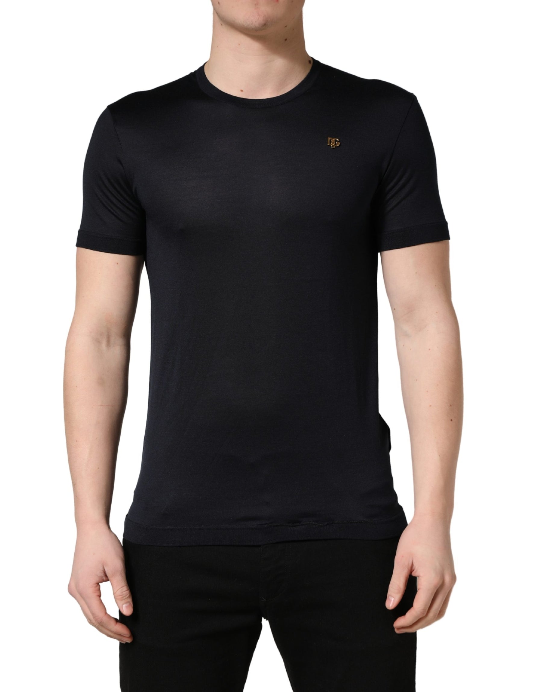 Dolce & Gabbana Dark Blue DG Logo Silk Men Crew Neck T-shirt | Regal Royce