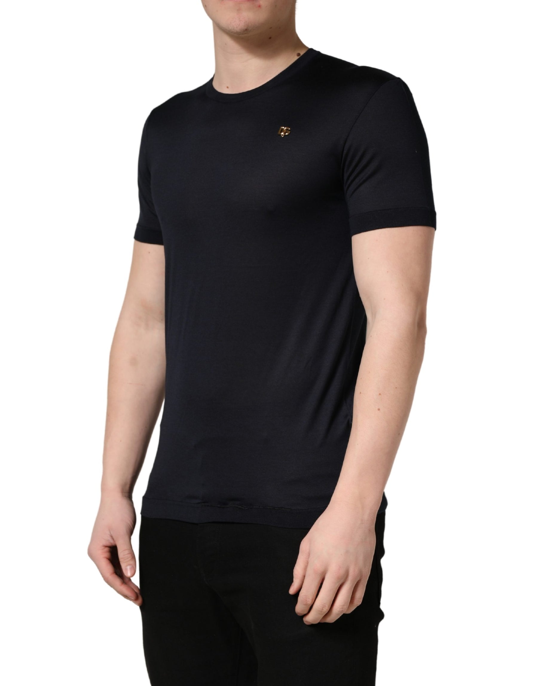 Dolce & Gabbana Dark Blue DG Logo Silk Men Crew Neck T-shirt | Regal Royce