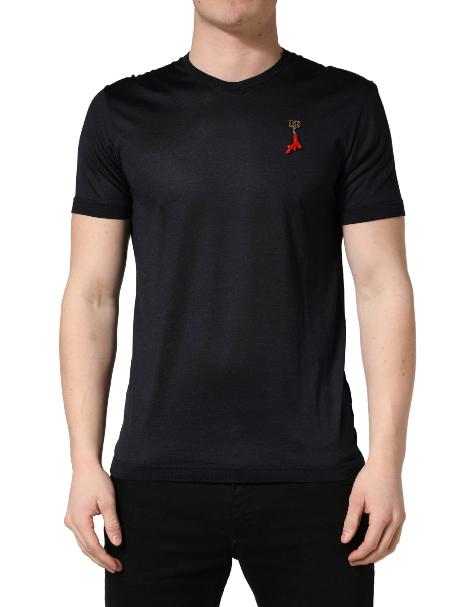 Dolce & Gabbana Dark Blue DG Logo Silk Men Crew Neck T-shirt | Regal Royce