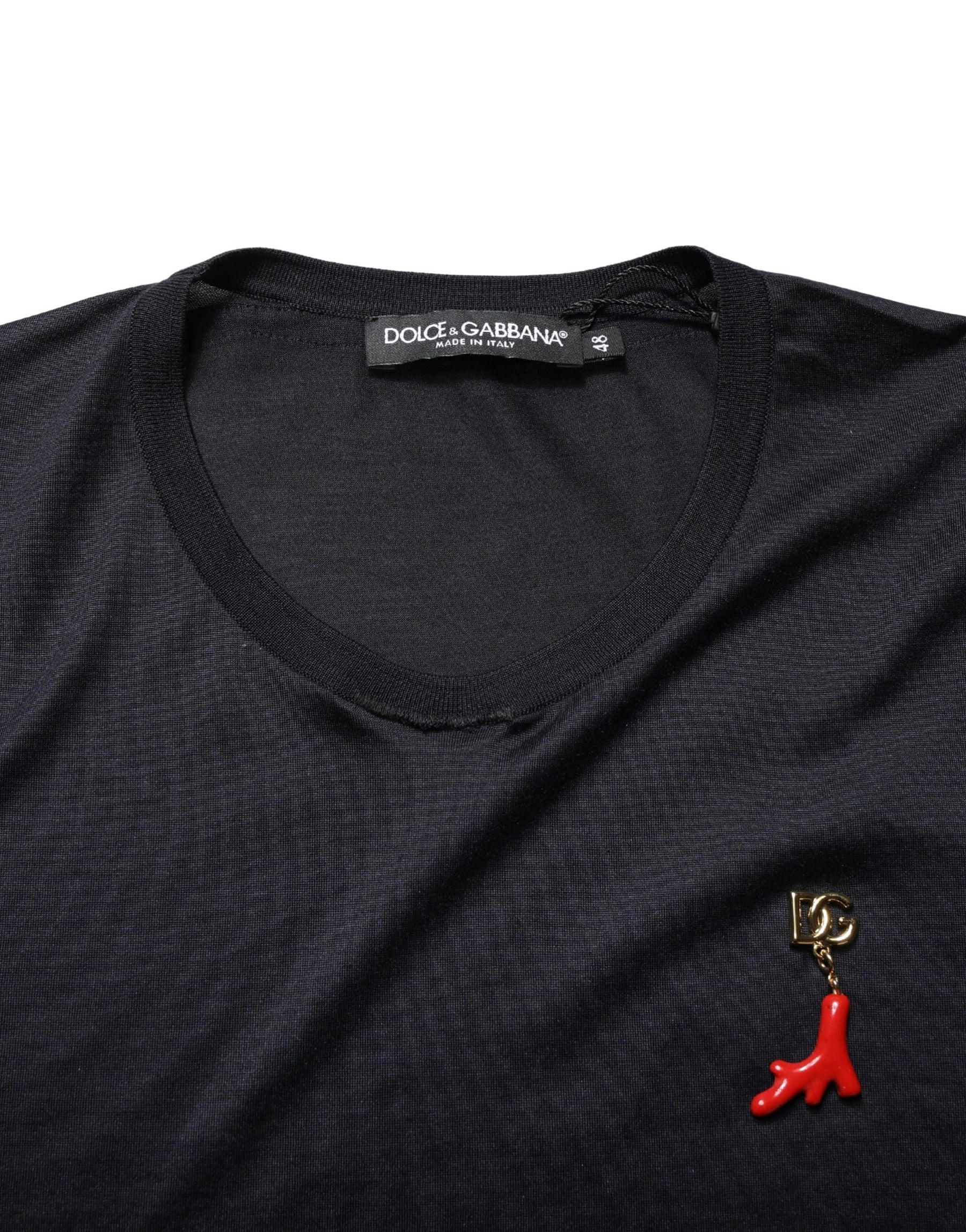Dolce & Gabbana Dark Blue DG Logo Silk Men Crew Neck T-shirt | Regal Royce