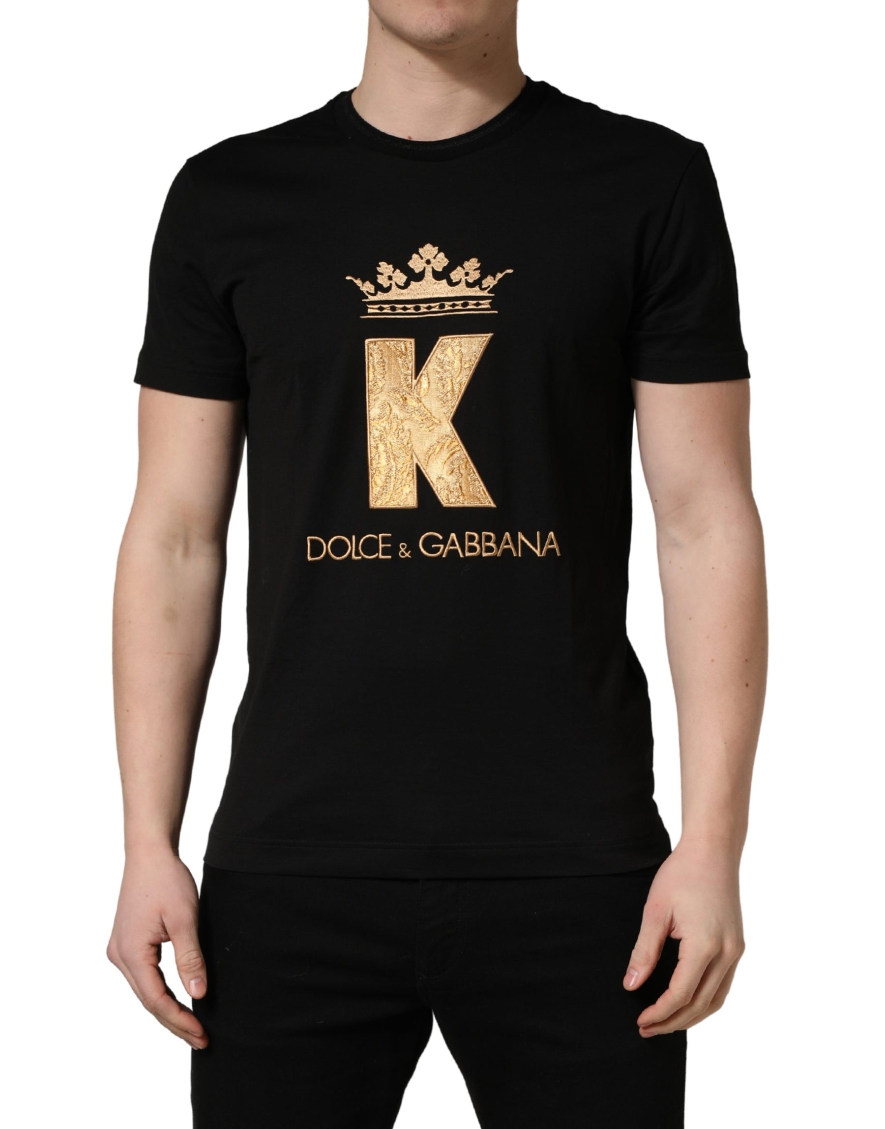 Dolce & Gabbana Black King Patch Cotton Men CrewNeck T-shirt | Regal Royce