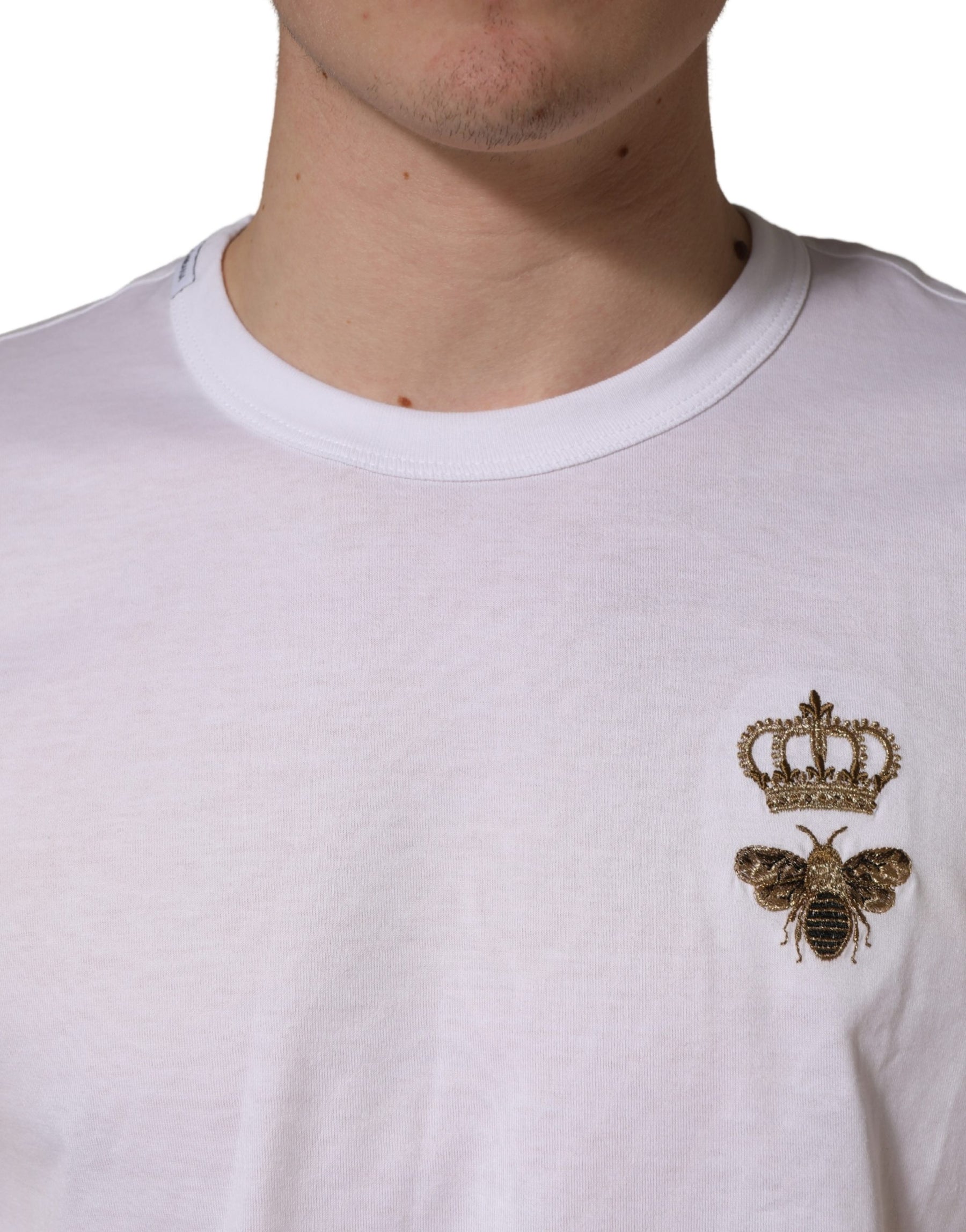 Dolce & Gabbana White Bee Crown Embroidery Cotton Men T-shirt | Regal Royce