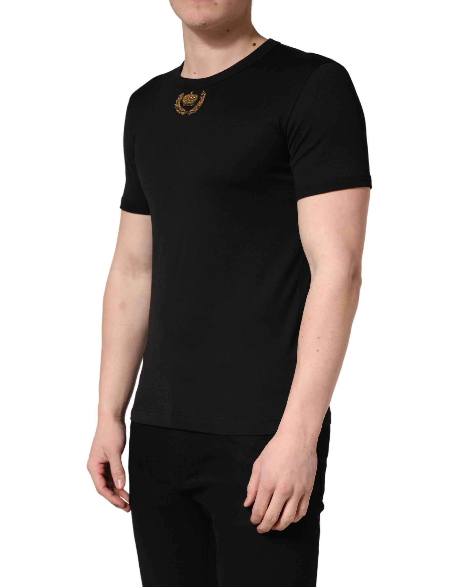 Dolce & Gabbana Black Crown Embroidery Men Crew Neck  T-shirt | Regal Royce