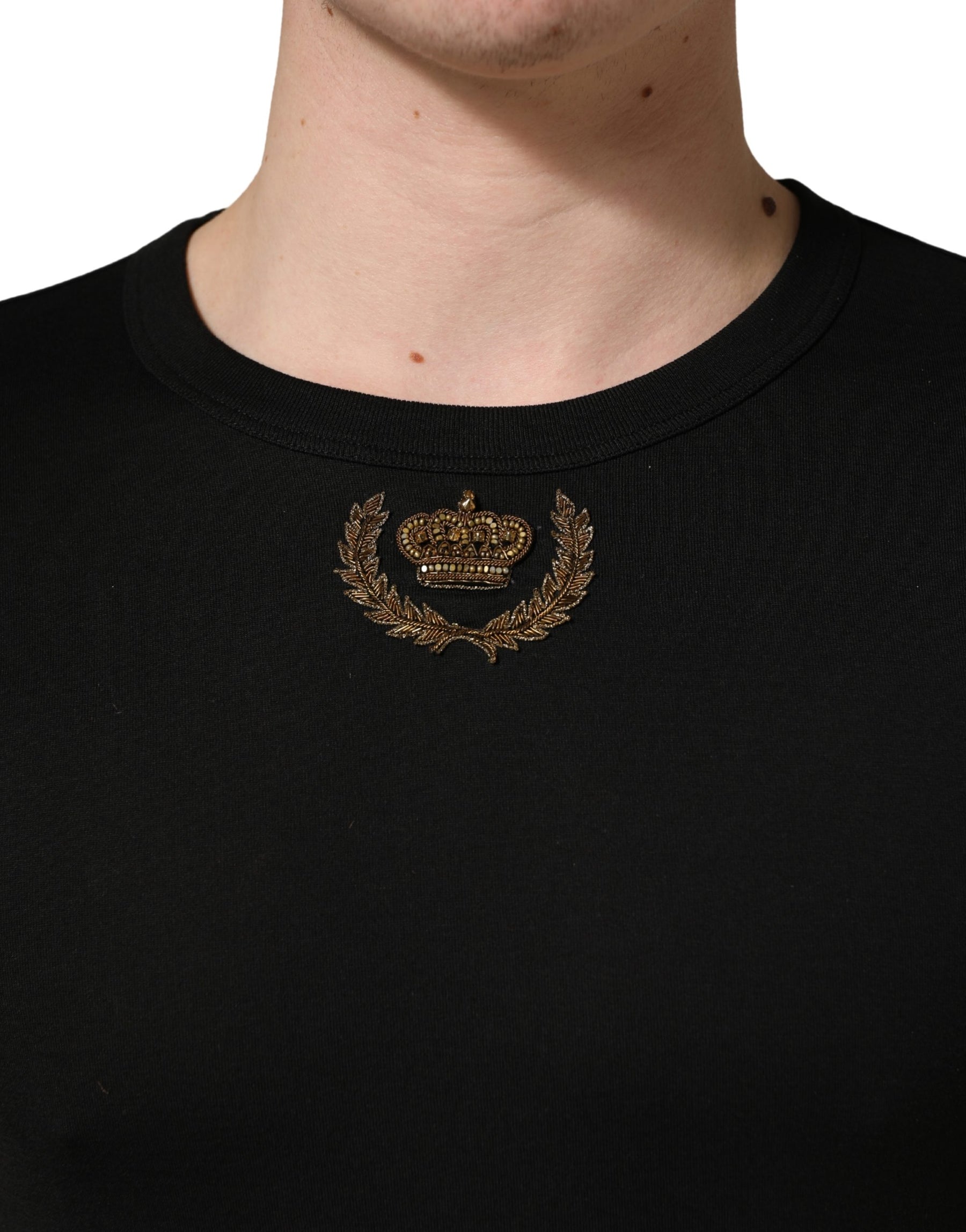 Dolce & Gabbana Black Crown Embroidery Men Crew Neck  T-shirt | Regal Royce