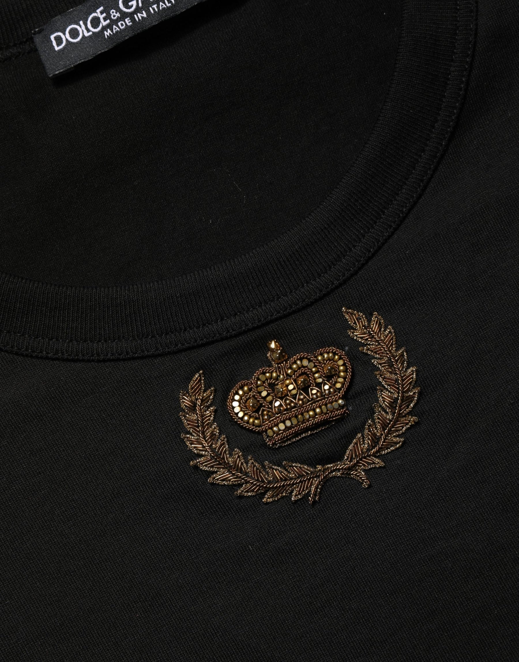 Dolce & Gabbana Black Crown Embroidery Men Crew Neck  T-shirt | Regal Royce