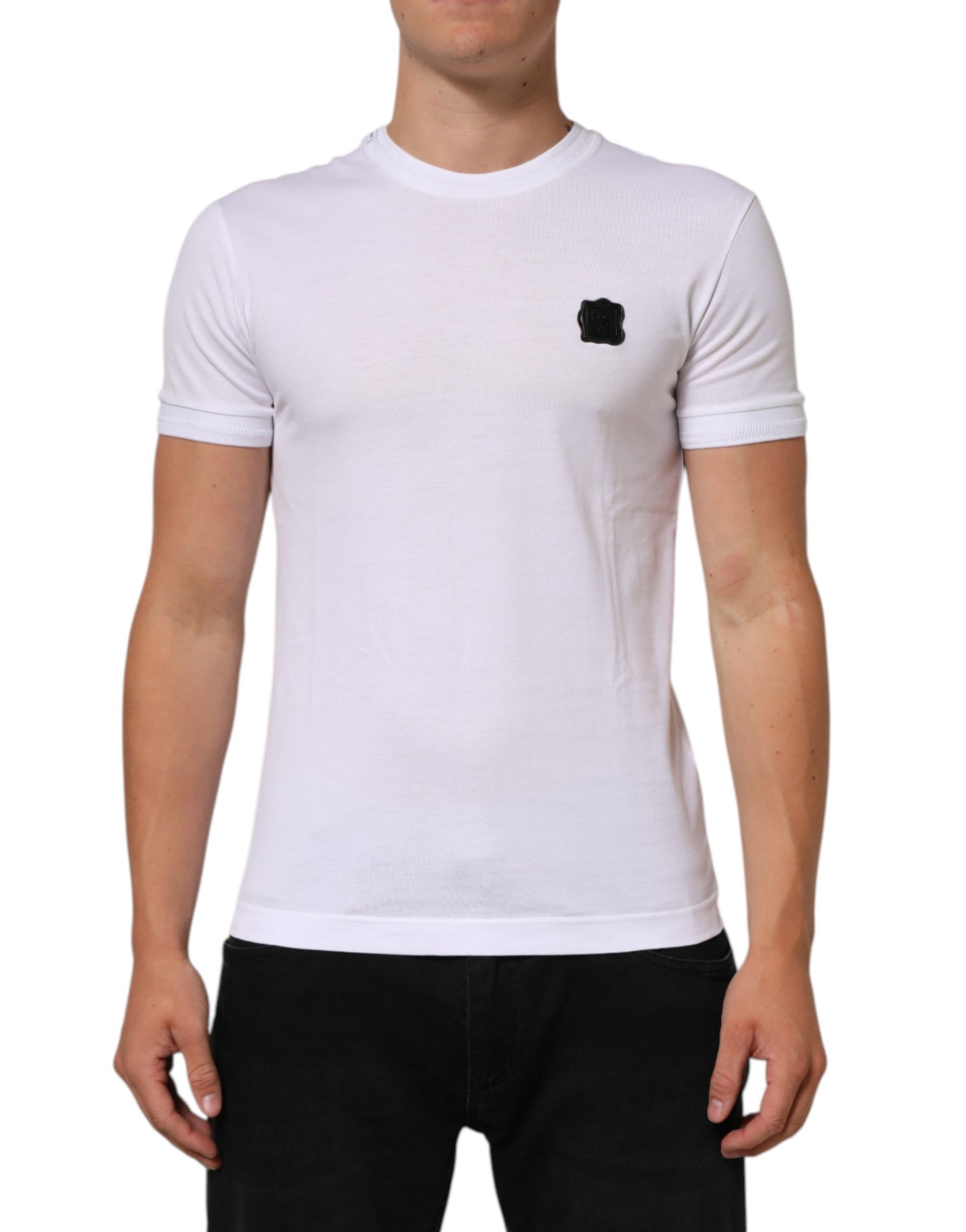 Dolce & Gabbana White Logo Patch Cotton Crew Neck T-shirt | Regal Royce