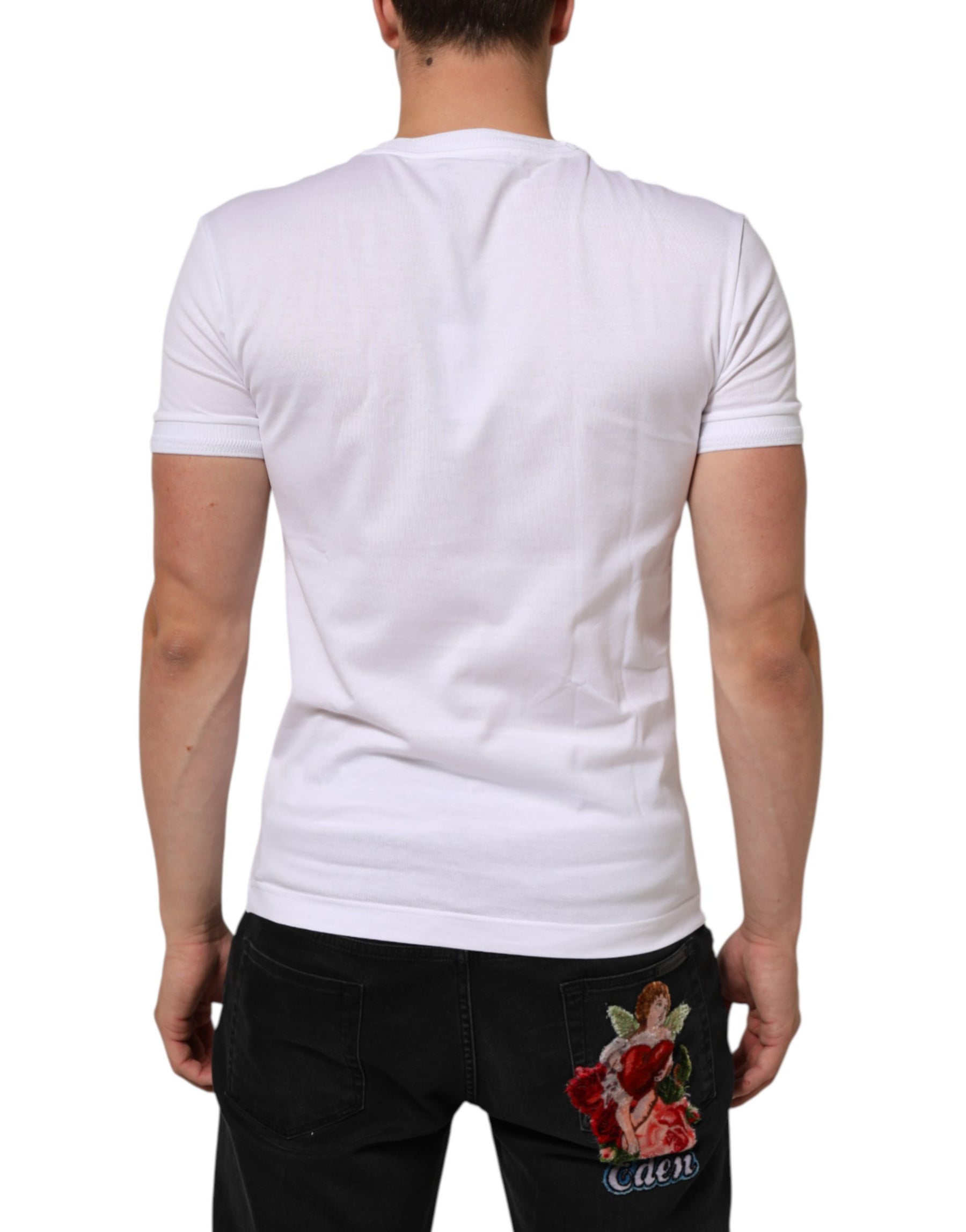 Dolce & Gabbana White Logo Patch Cotton Crew Neck T-shirt | Regal Royce