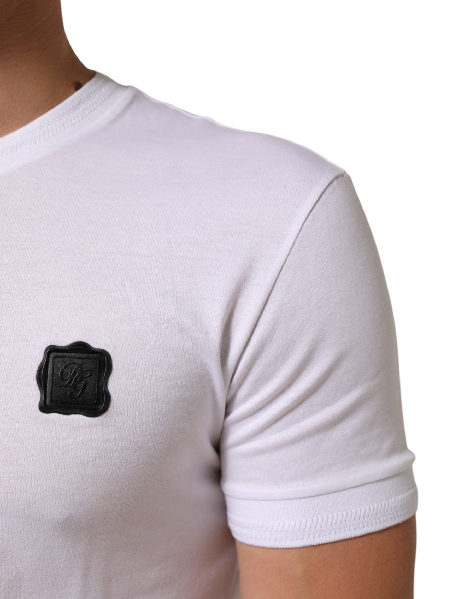 Dolce & Gabbana White Logo Patch Cotton Crew Neck T-shirt | Regal Royce