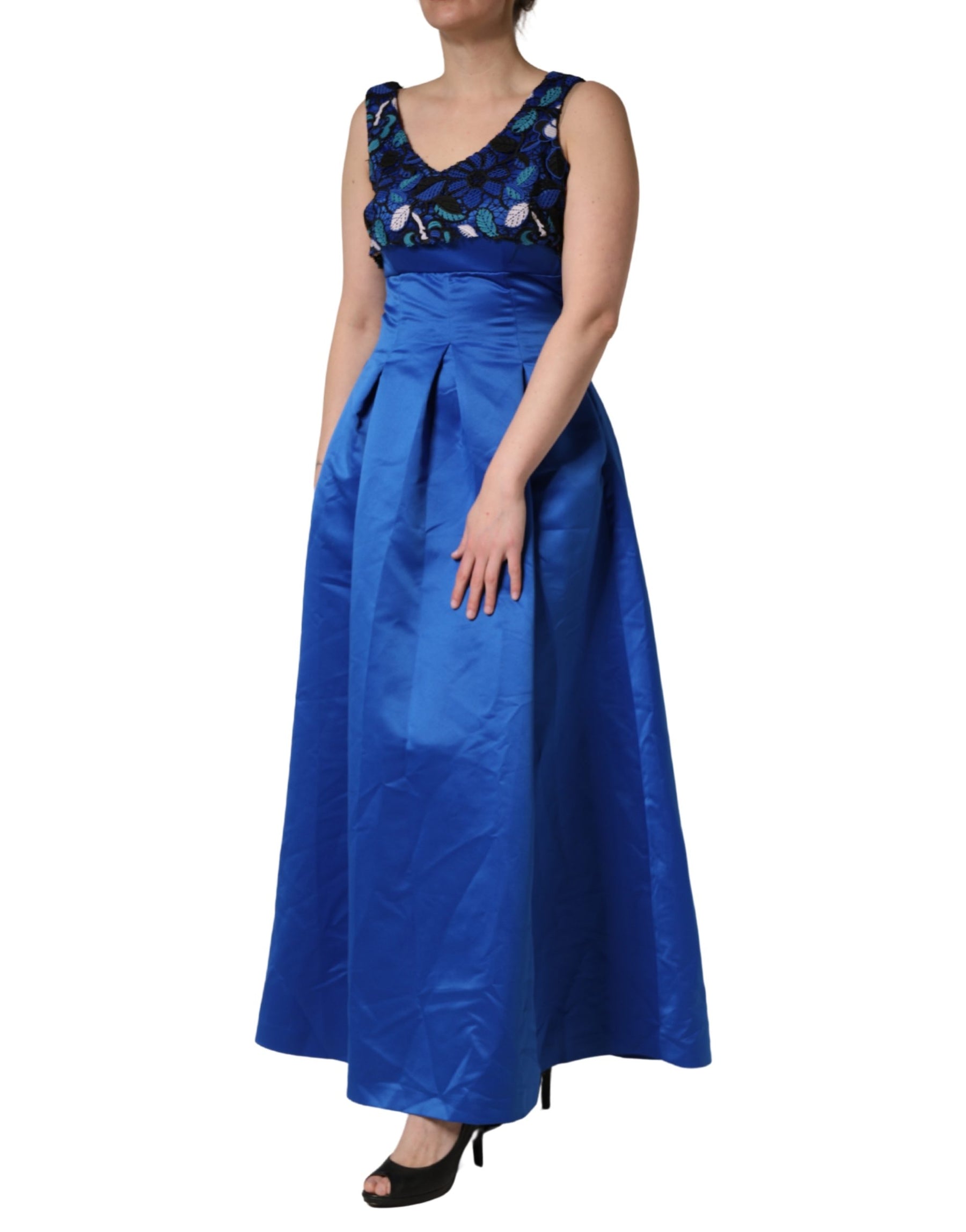 LANACAPRINA Royal Blue Floral Lace Sleeveless Long Gown Dress | Regal Royce