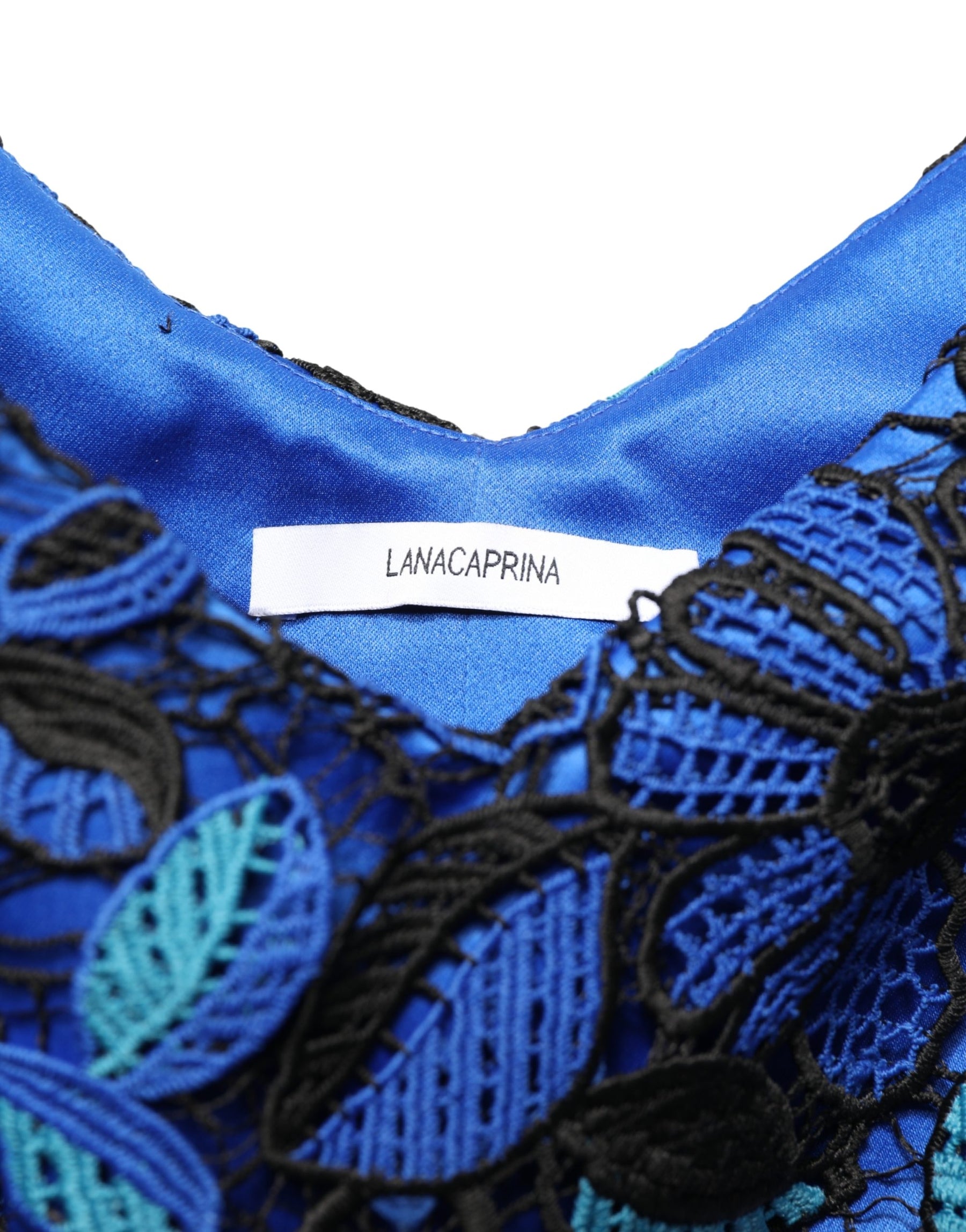 LANACAPRINA Royal Blue Floral Lace Sleeveless Long Gown Dress | Regal Royce