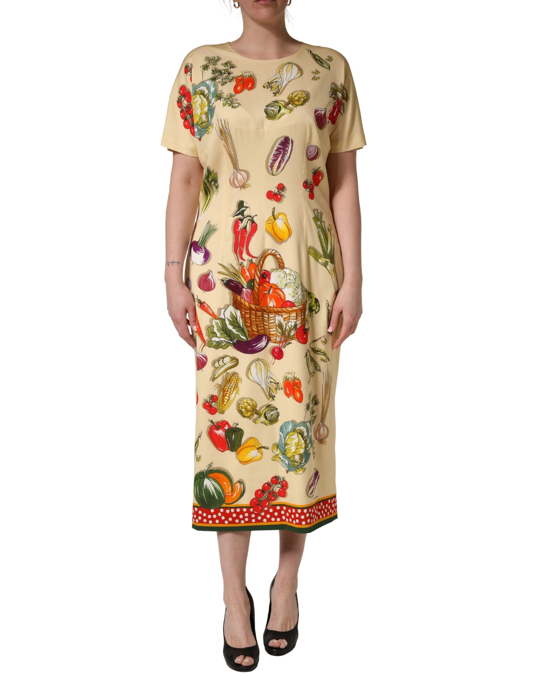 Dolce & Gabbana Beige Fruit PolkaDot Sheath Silk Midi Dress | Regal Royce