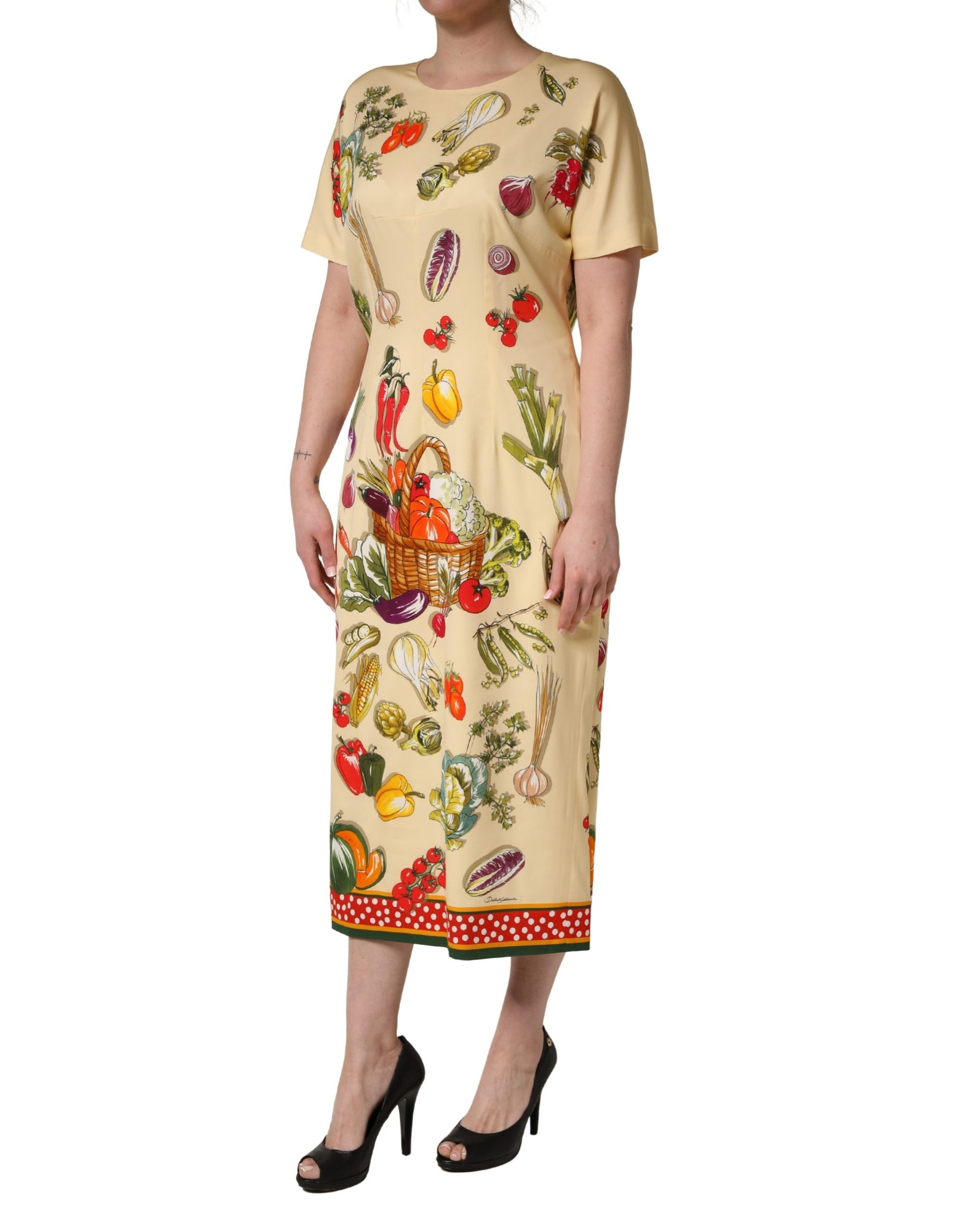 Dolce & Gabbana Beige Fruit PolkaDot Sheath Silk Midi Dress | Regal Royce