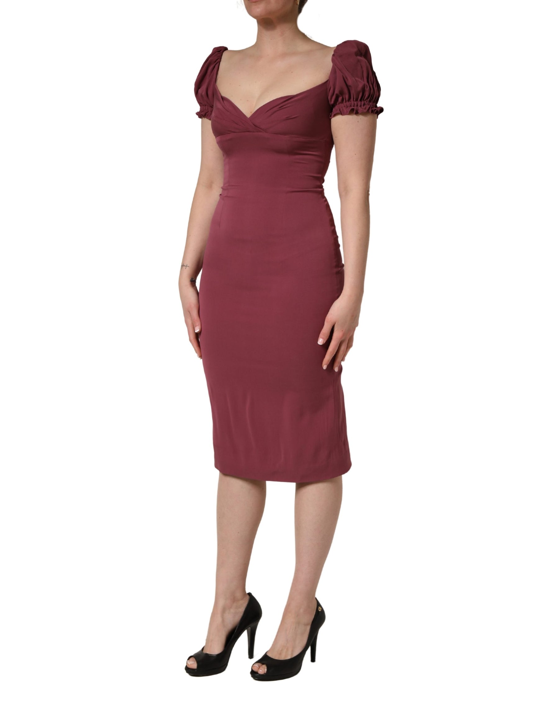 Dolce & Gabbana Maroon Silk Sweetheart Sheath Midi Dress | Regal Royce