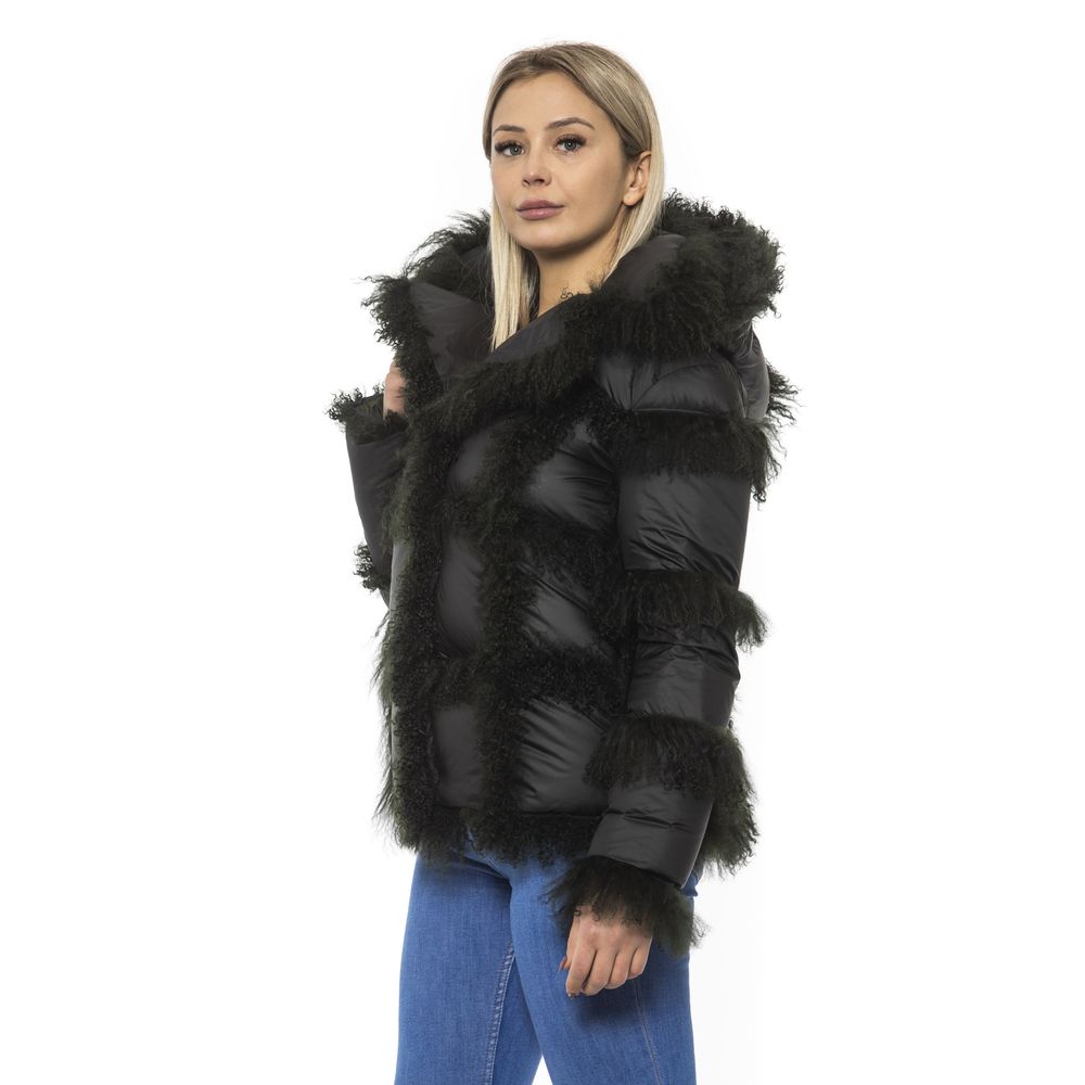 Mr&Mrs Italy Black Poly Jacket with Lamb Fur Hood for Women | Regal Royce