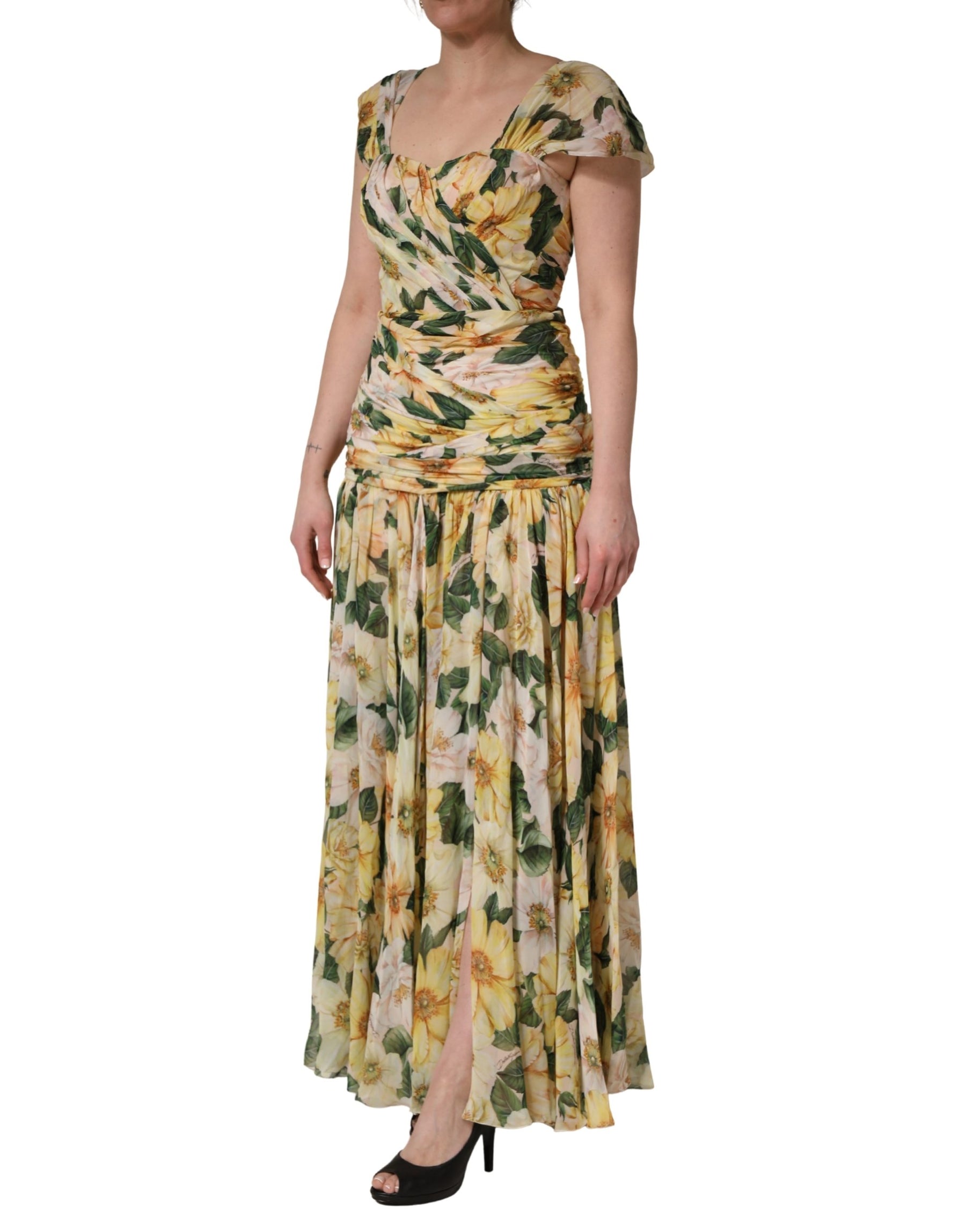 Dolce & Gabbana Yellow Silk Floral Print Pleated Maxi Dress | Regal Royce