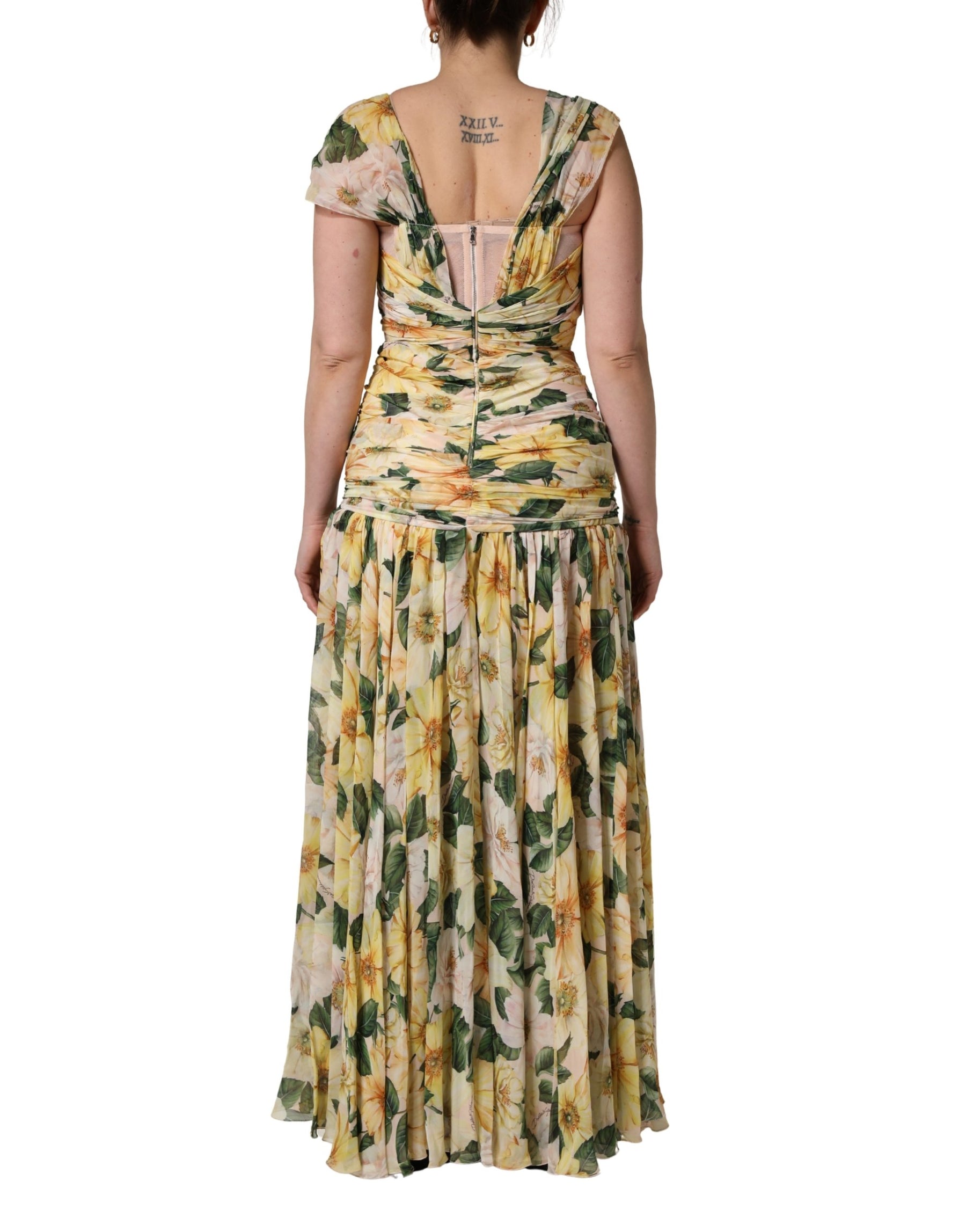 Dolce & Gabbana Yellow Silk Floral Print Pleated Maxi Dress | Regal Royce