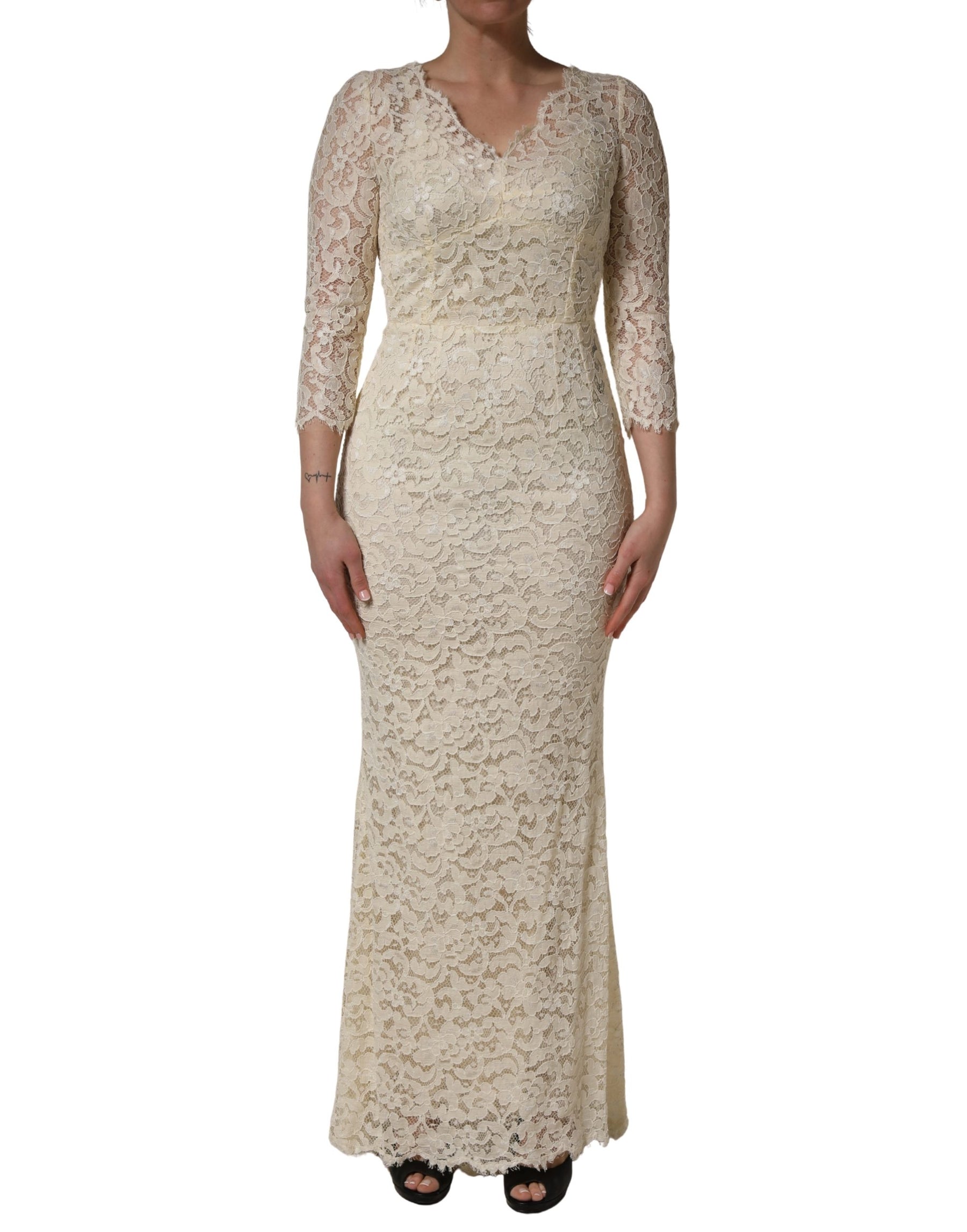 Dolce & Gabbana Off White Floral Lace Sheath Maxi Dress | Regal Royce