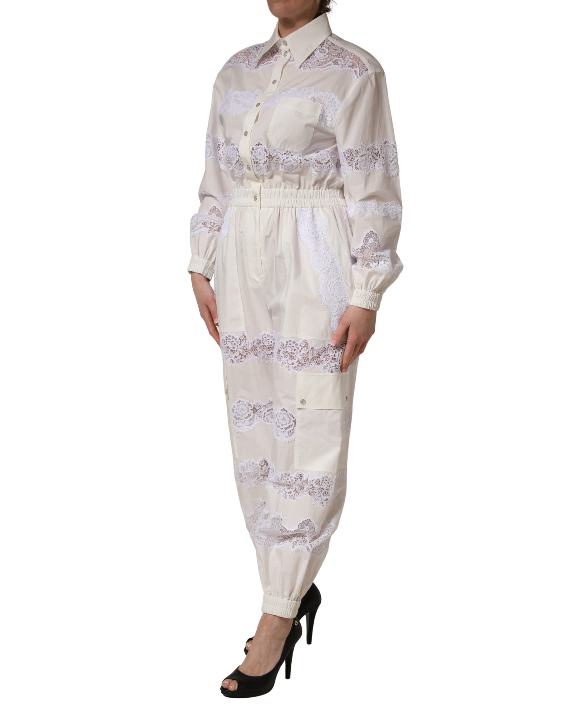 Dolce & Gabbana White Cotton Lace Trim Long Sleeves Jumpsuit | Regal Royce