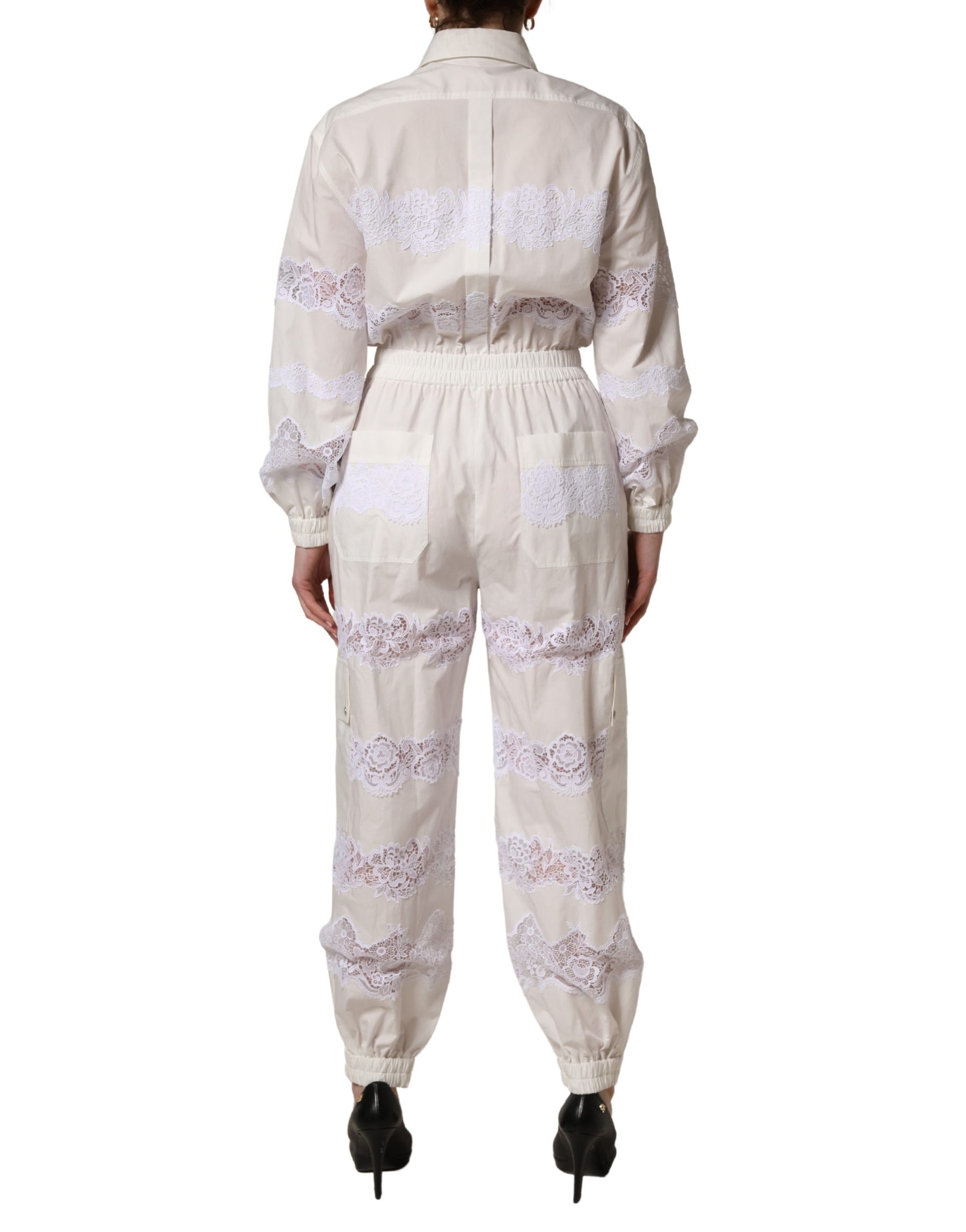 Dolce & Gabbana White Cotton Lace Trim Long Sleeves Jumpsuit | Regal Royce