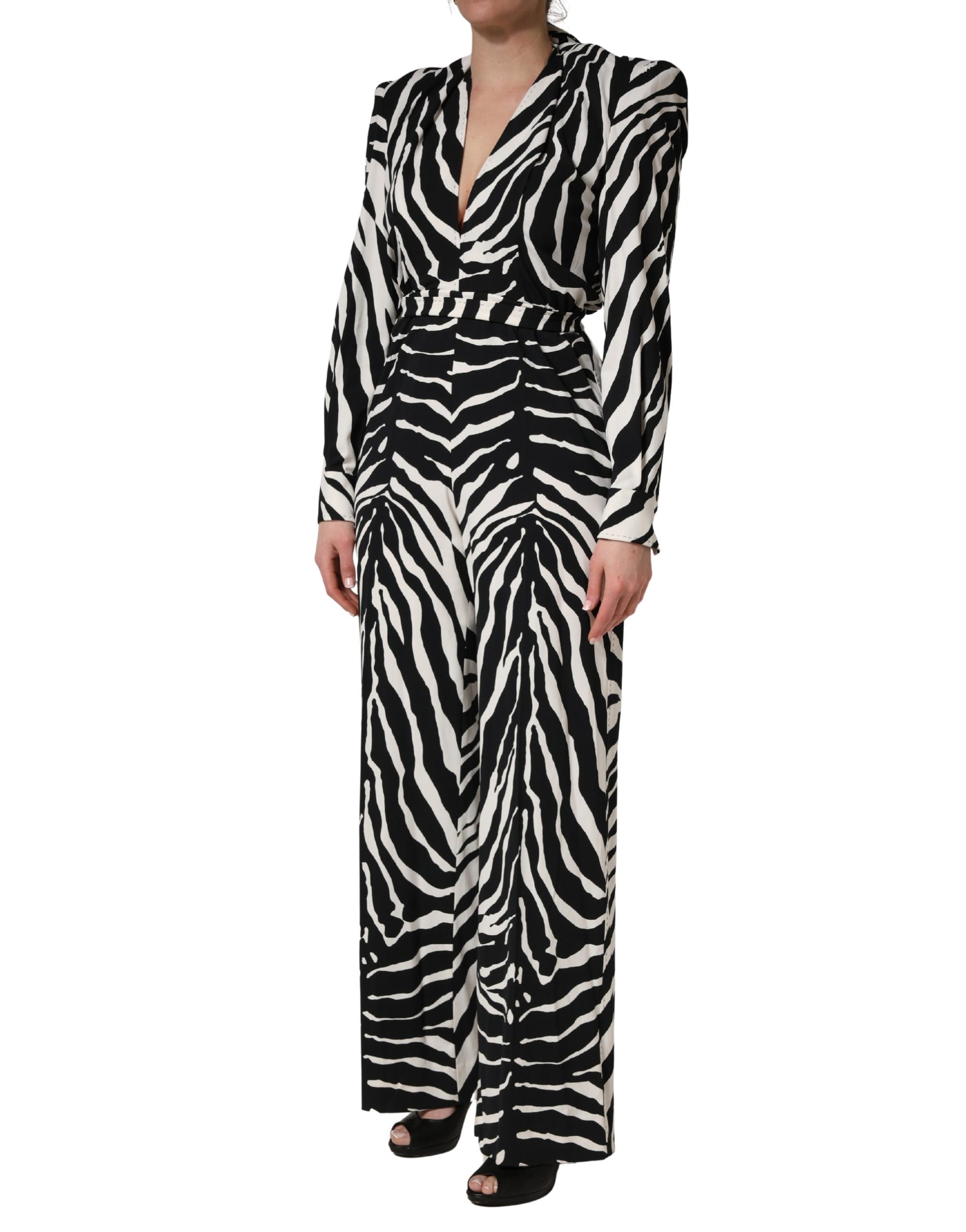 Dolce & Gabbana Black White Viscose Zebra Pattern Jumpsuit | Regal Royce