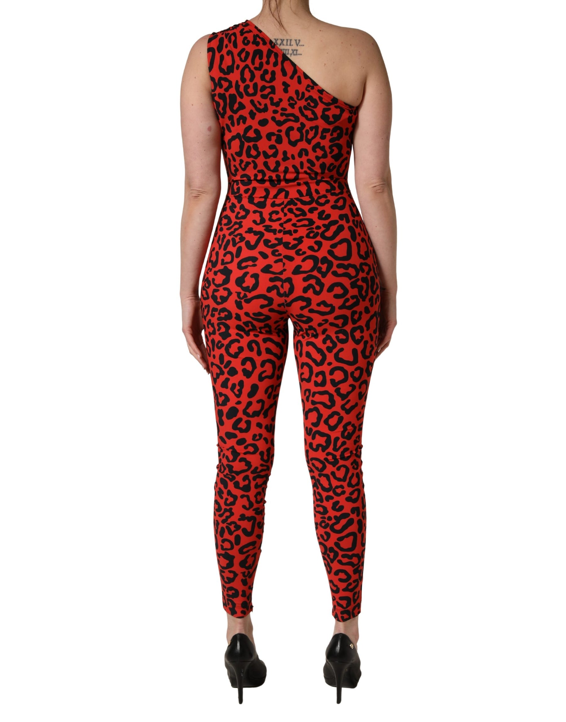 Dolce & Gabbana Black Red Nylon Leopard Pattern Jumpsuit | Regal Royce