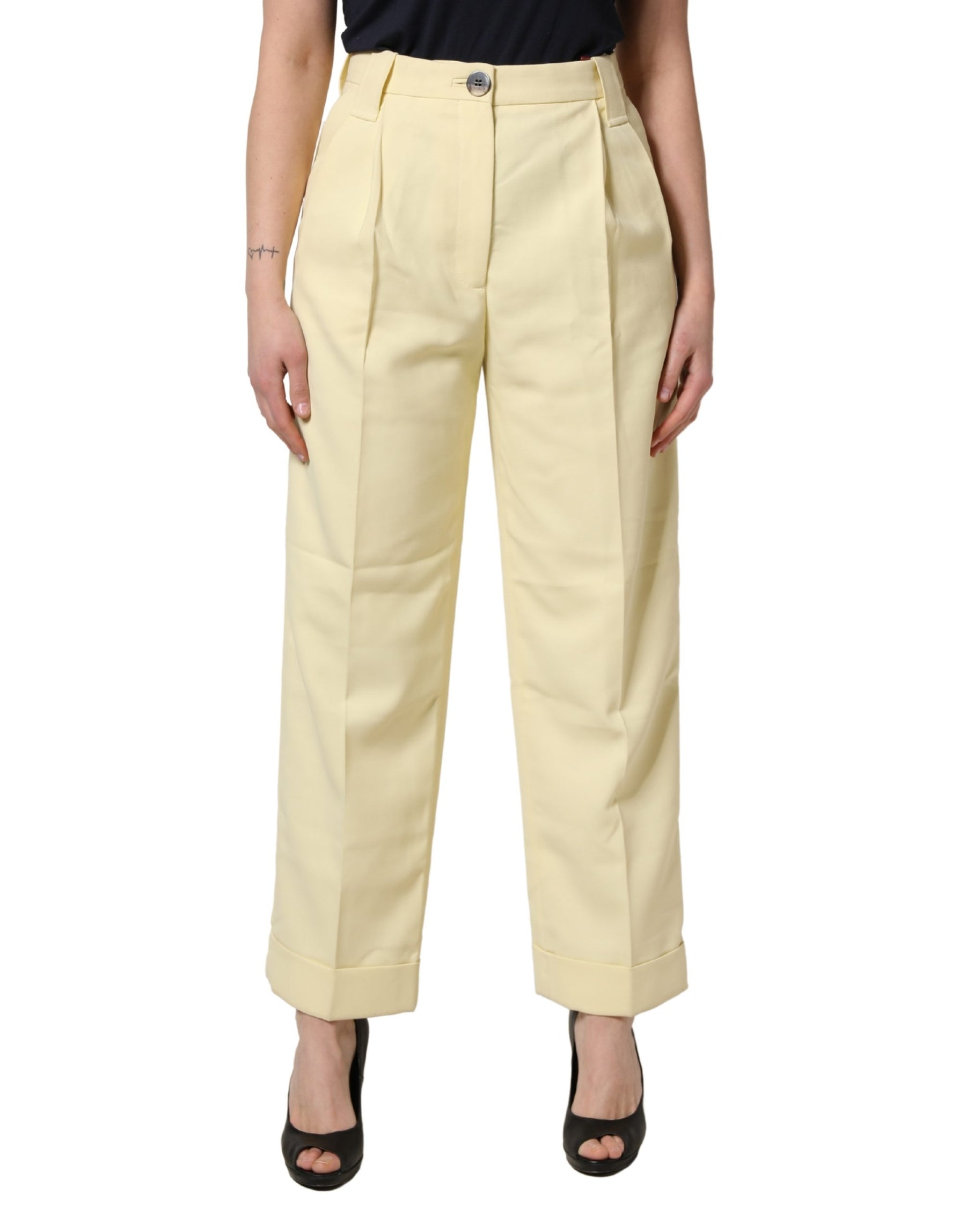 Ganni Yellow High Waisted Straight Pleated Trouser Pants | Regal Royce