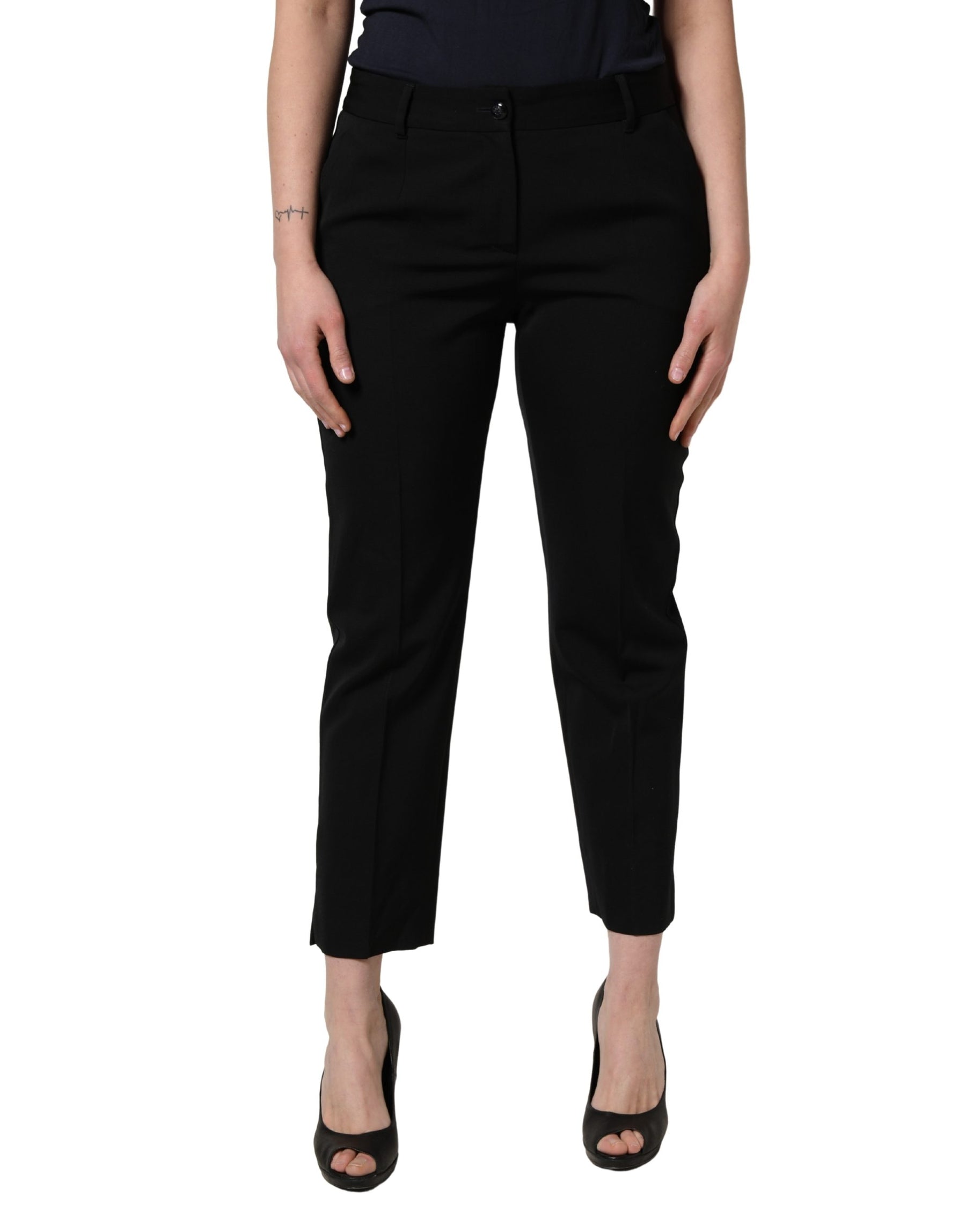 Dolce & Gabbana Black Wool High Waist Cropped Tapered Pants | Regal Royce
