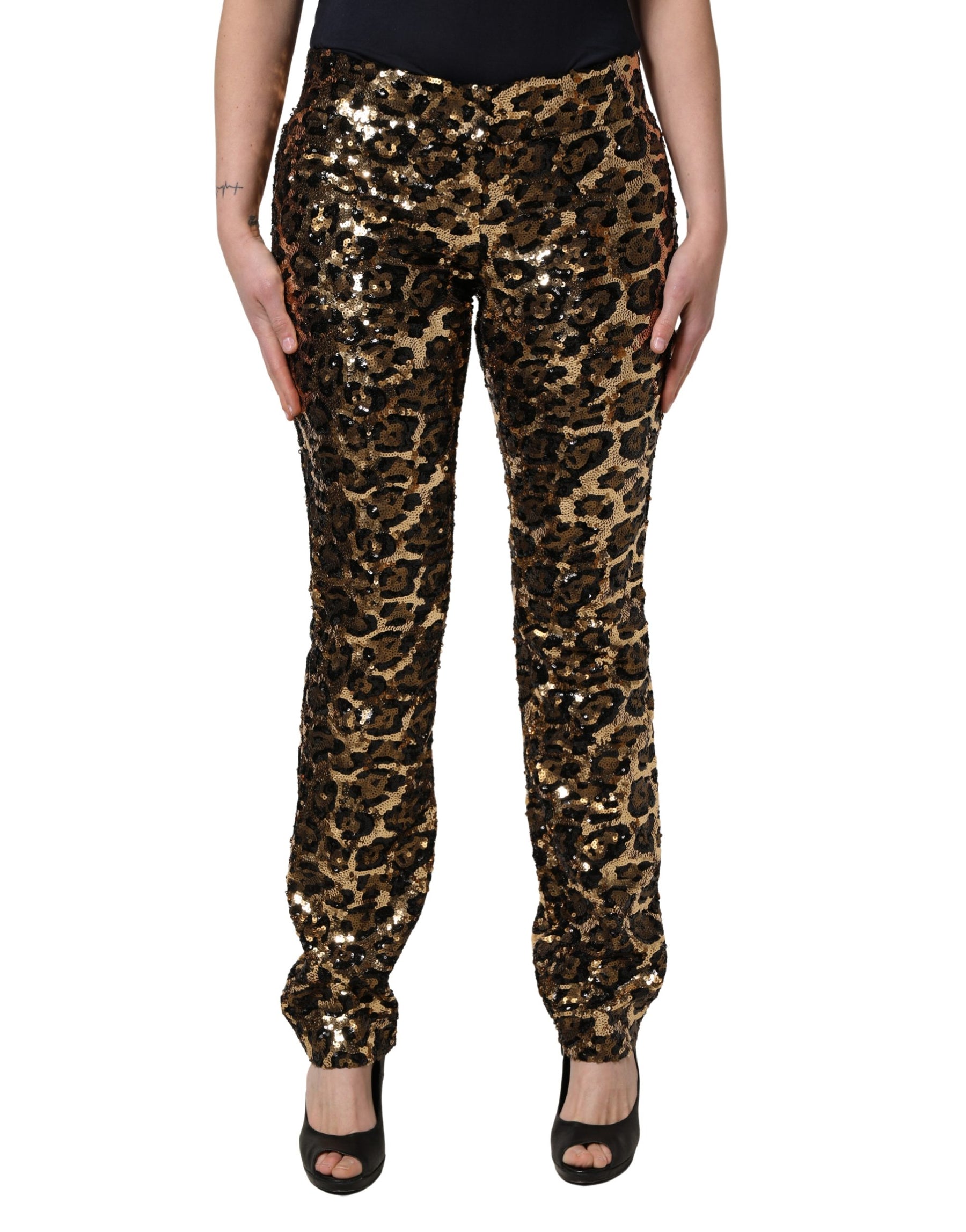 Dolce & Gabbana Gold Leopard Sequined Straight Trouser Pants | Regal Royce