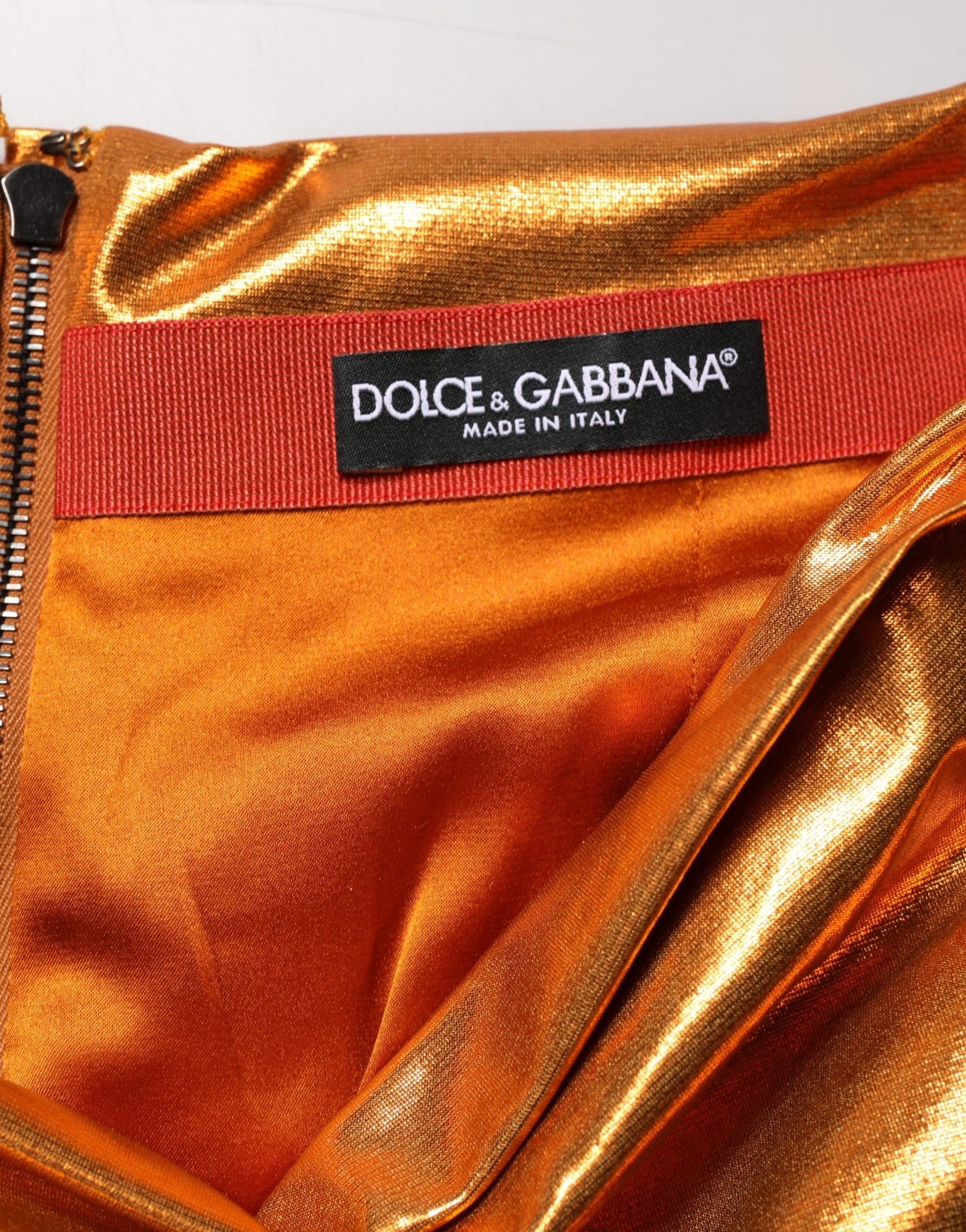 Dolce & Gabbana Metallic Orange Ruched Lame Bodycon Mini Skirt | Regal Royce