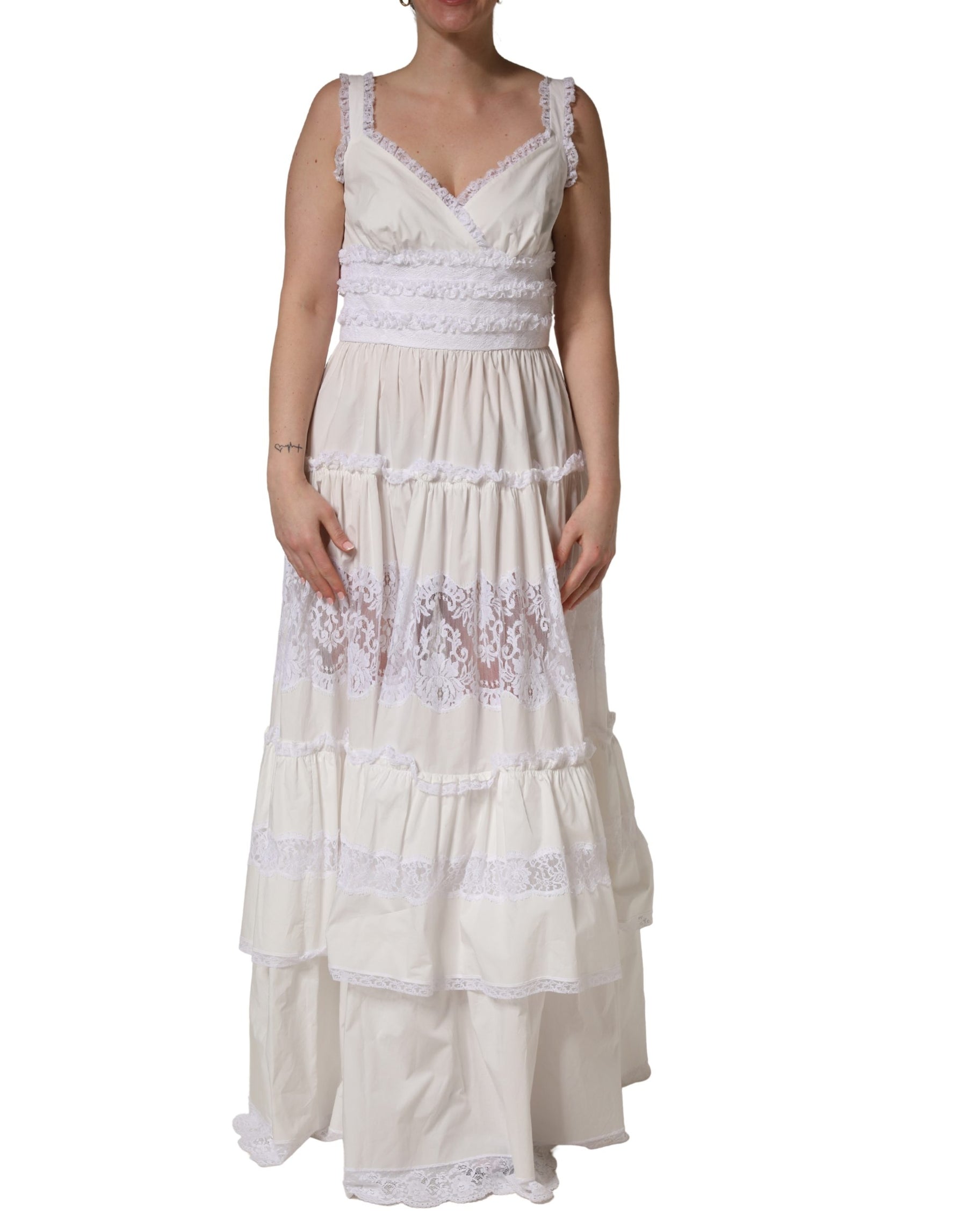 Dolce & Gabbana White Cotton Sleeveless Lace Maxi Dress | Regal Royce