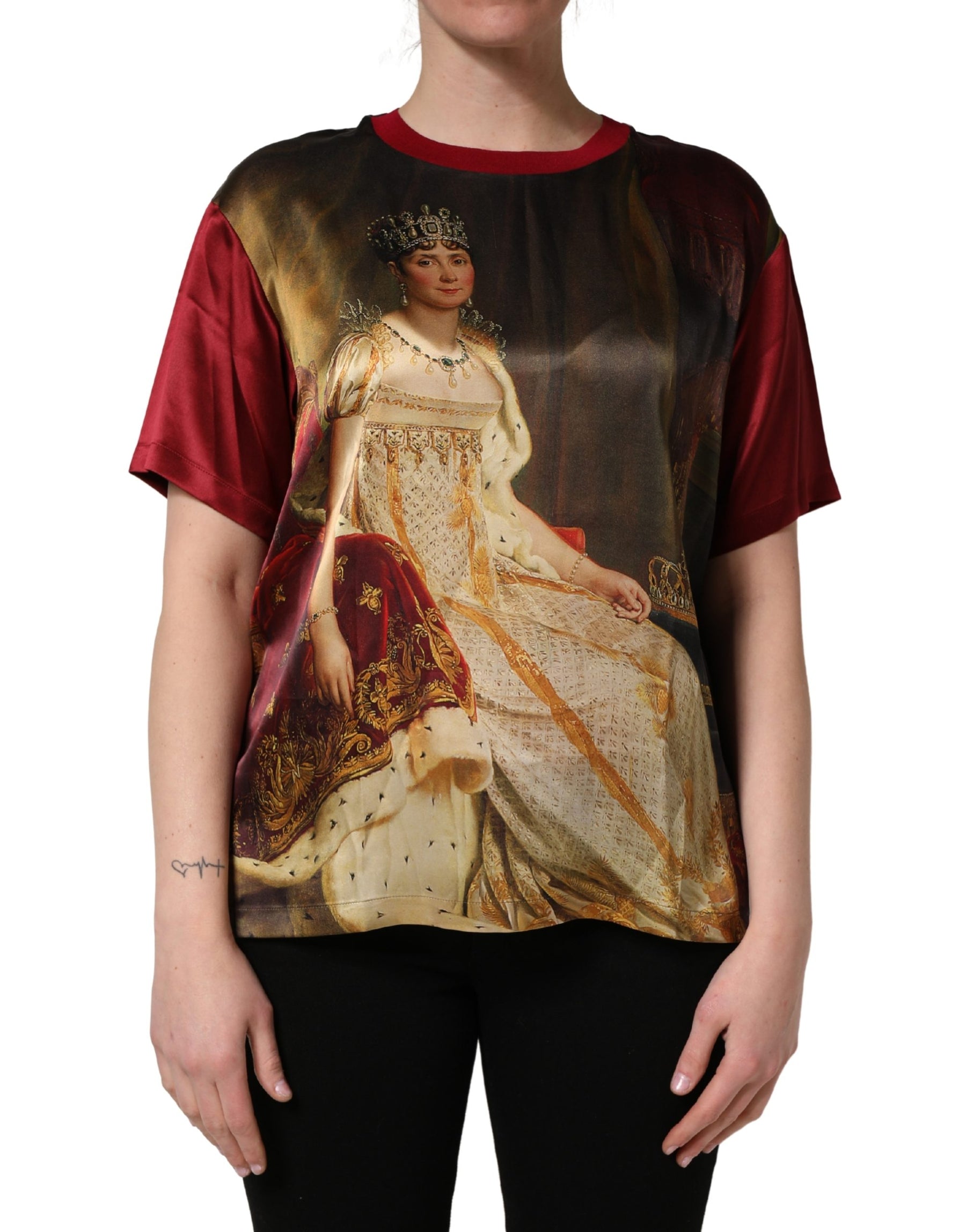 Dolce & Gabbana Maroon Royal Crown Dress Queen Painting Silk  T-shirt | Regal Royce
