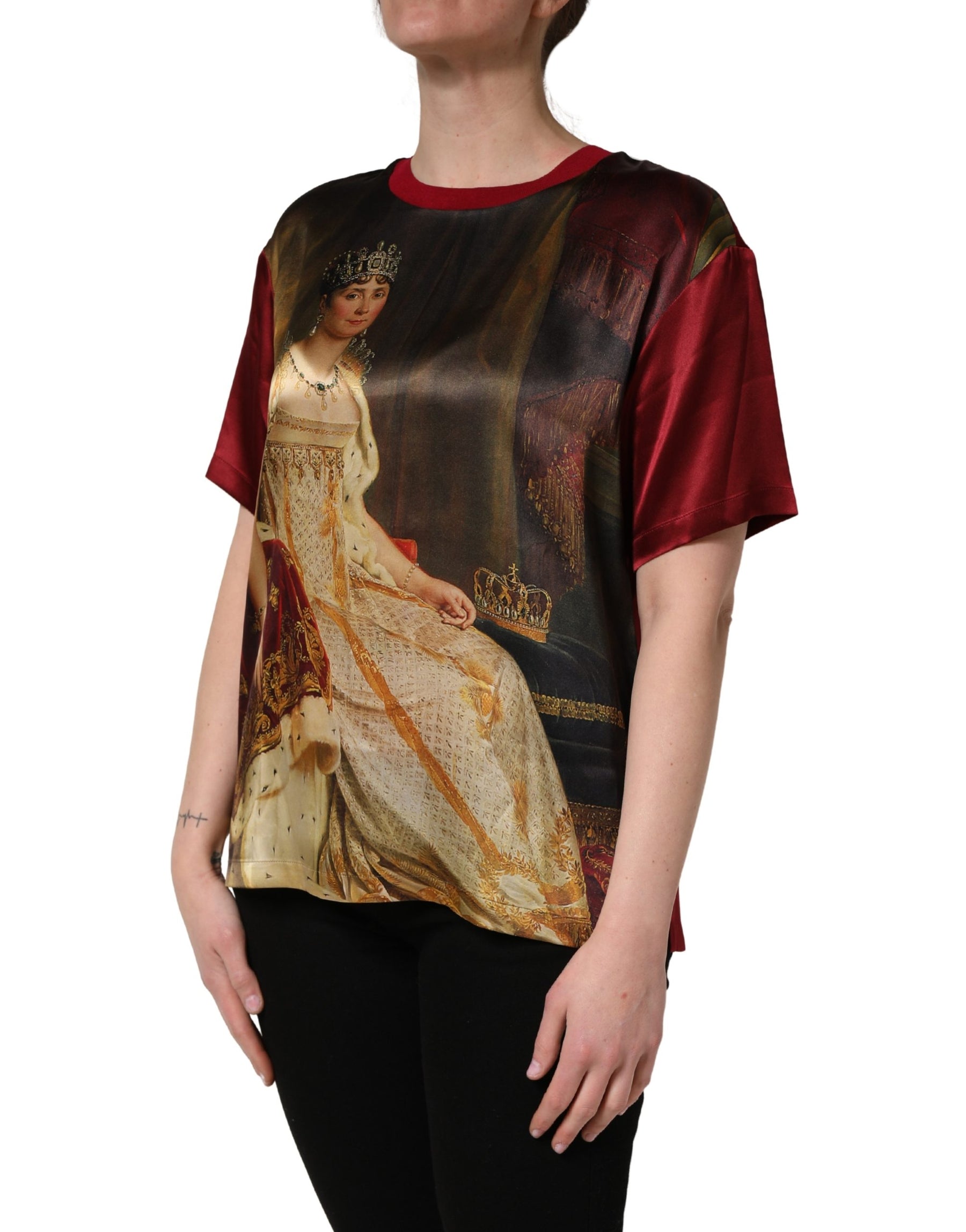 Dolce & Gabbana Maroon Royal Crown Dress Queen Painting Silk  T-shirt | Regal Royce