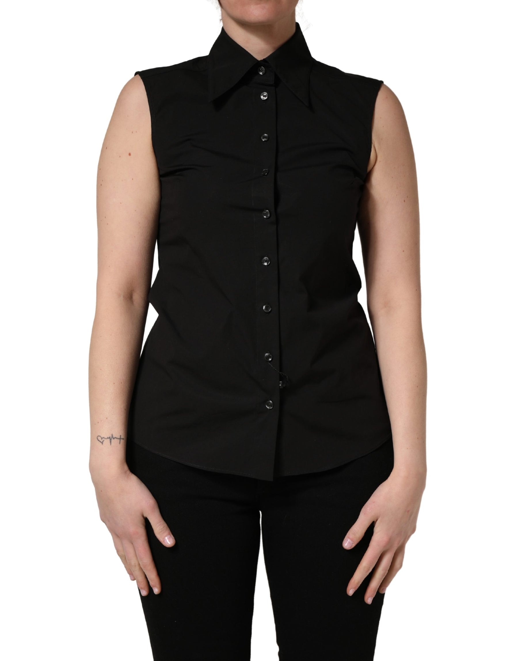 Dolce & Gabbana Black Cotton Sleeveless Collared Blouse Top | Regal Royce