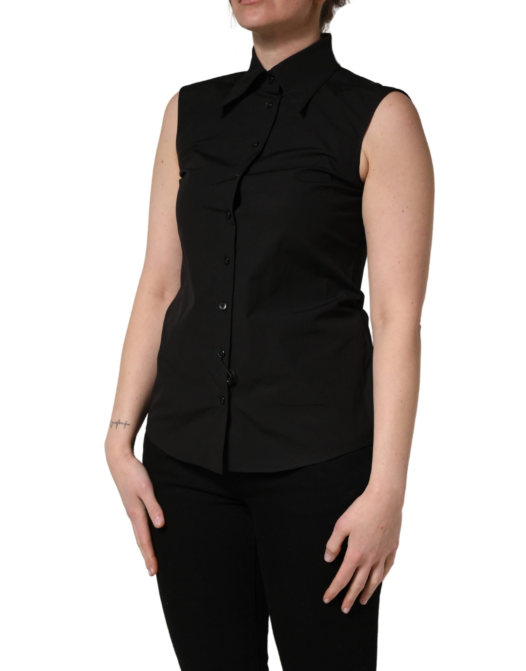 Dolce & Gabbana Black Cotton Sleeveless Collared Blouse Top | Regal Royce