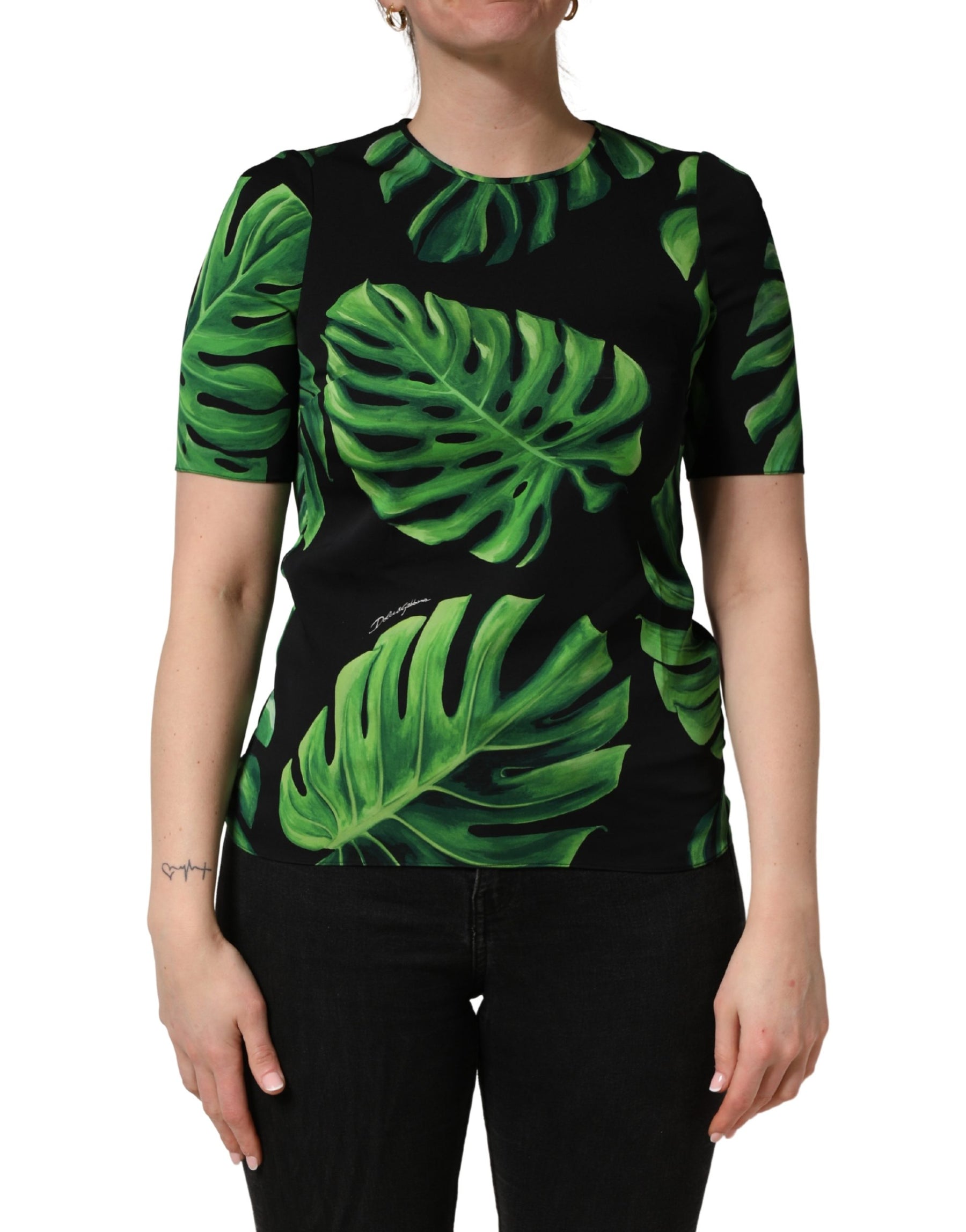 Dolce & Gabbana Black Philodendron Print Silk Blouse Top | Regal Royce