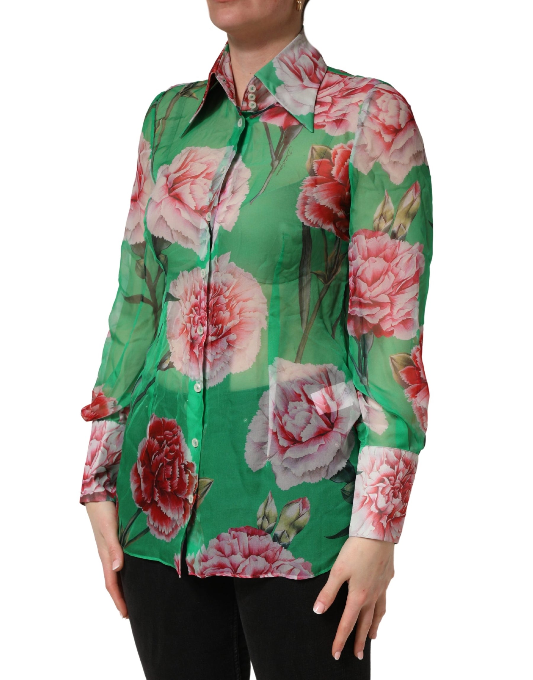 Dolce & Gabbana Green CarnationPrint Silk Collared Blouse Top | Regal Royce
