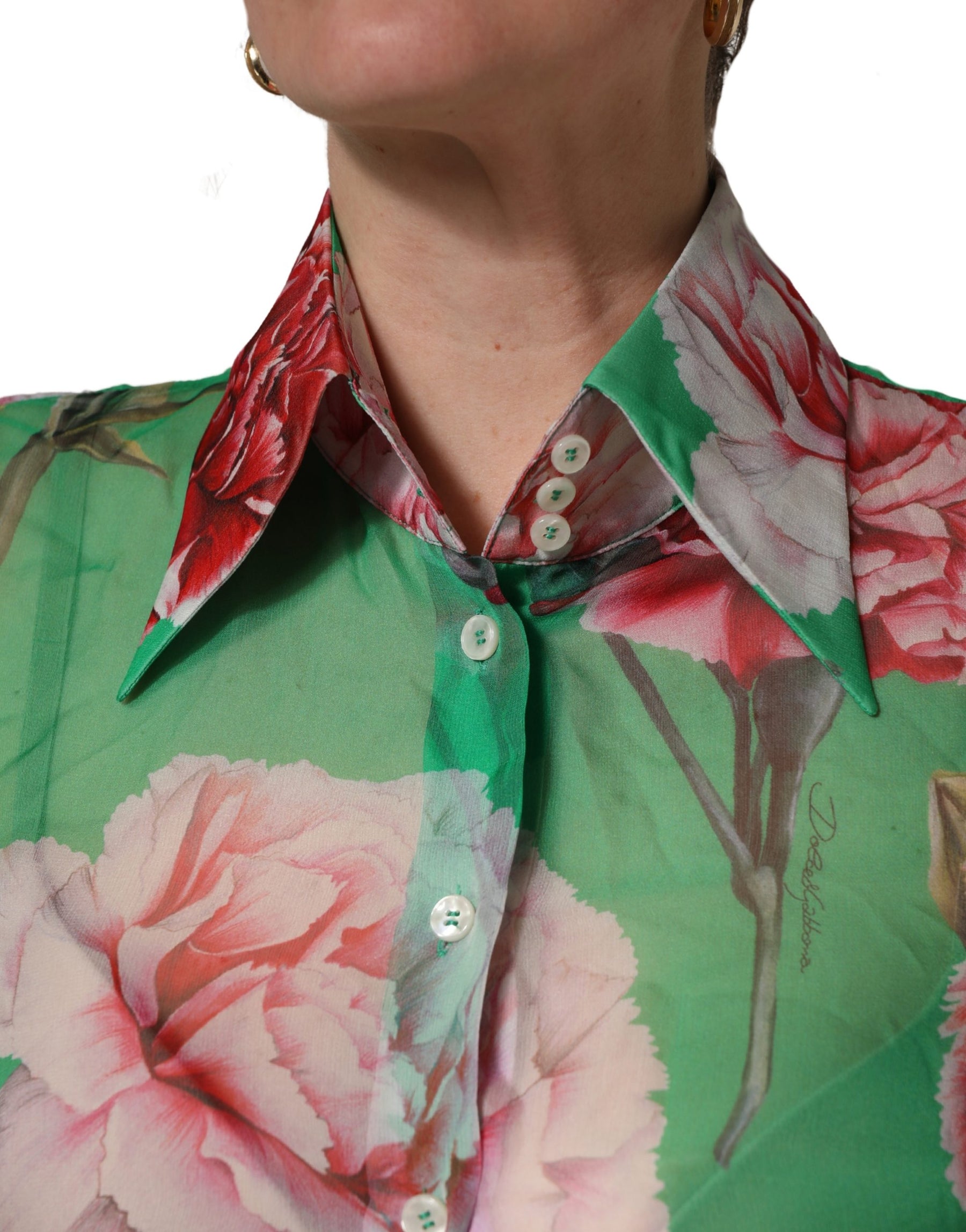 Dolce & Gabbana Green CarnationPrint Silk Collared Blouse Top | Regal Royce