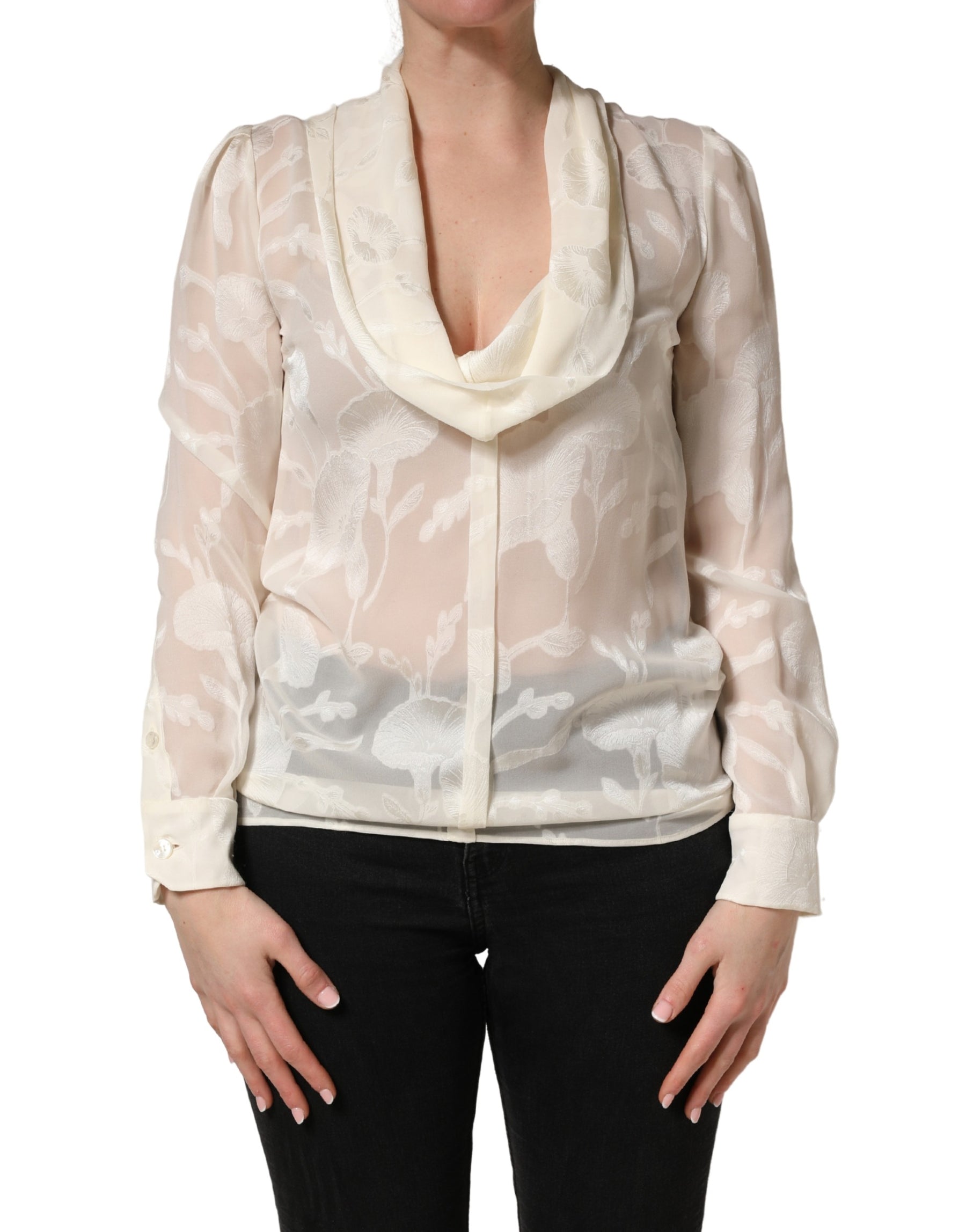 Dolce & Gabbana Off White Floral Semi Sheer Silk Blouse Top | Regal Royce