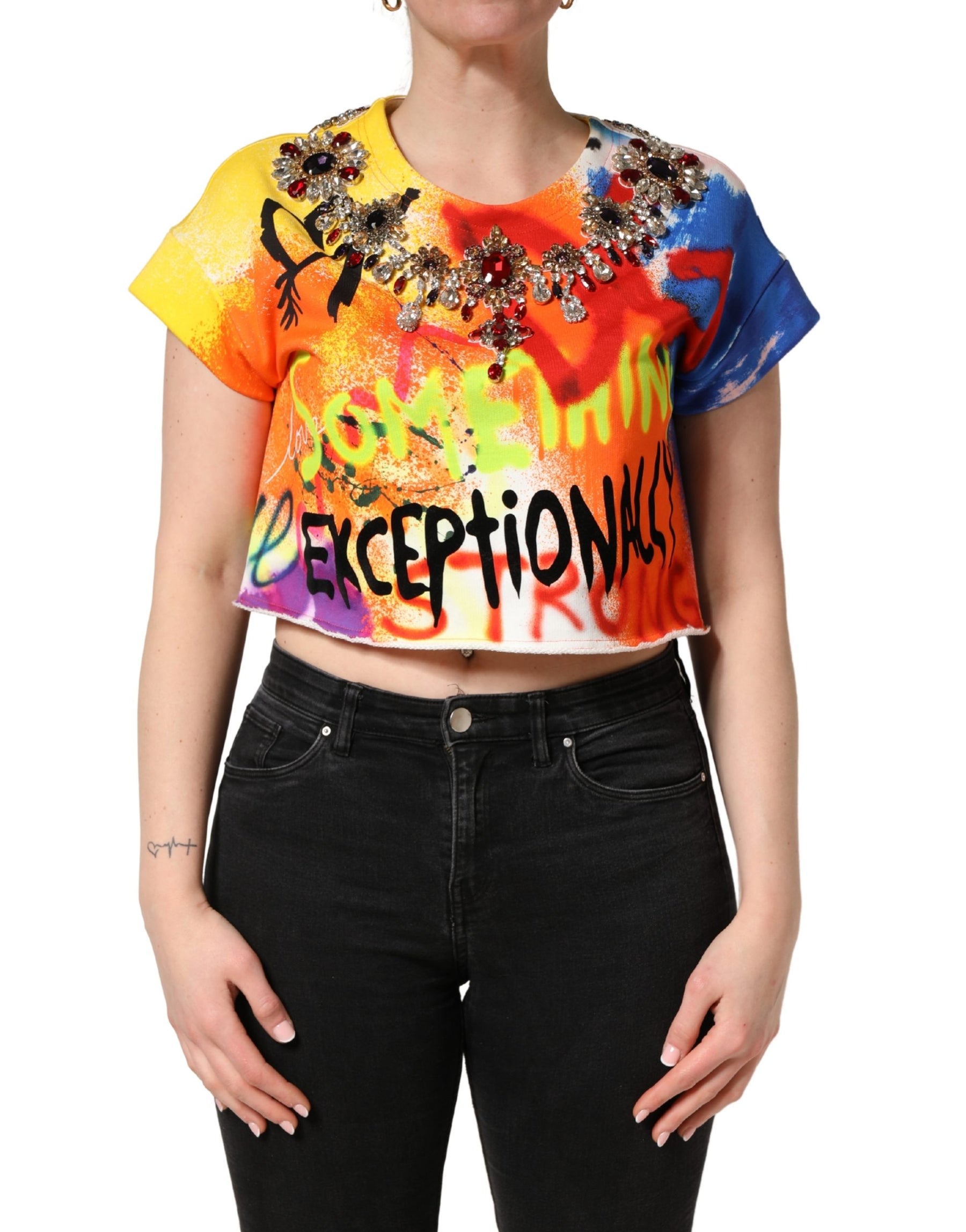 Dolce & Gabbana Multicolor Graffiti Crystals Crop Jersey Top | Regal Royce