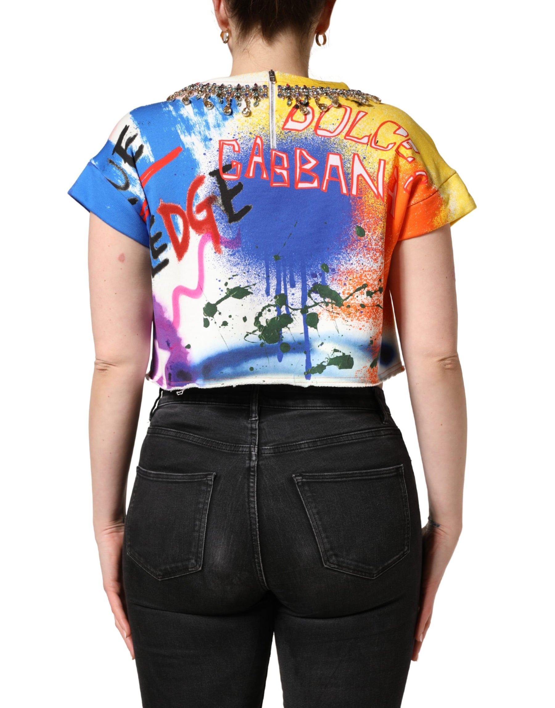Dolce & Gabbana Multicolor Graffiti Crystals Crop Jersey Top | Regal Royce